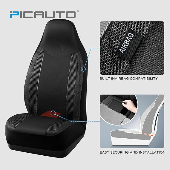 PIC AUTO Car Seat Covers - High Back Front Sports Carbon Fiber & Mesh Design Seat Covers, Automotive Seat Covers, Universal Fit for Most Cars, Airbag Compatible (Black)