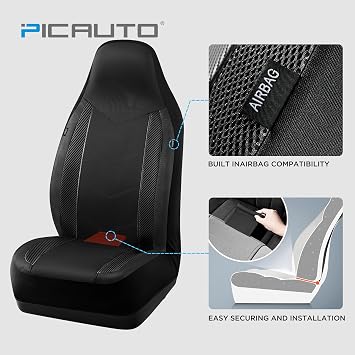 PIC AUTO Car Seat Covers - High Back Front Sports Carbon Fiber & Mesh Design Seat Covers, Automotive Seat Covers, Universal Fit for Most Cars, Airbag Compatible (Black)