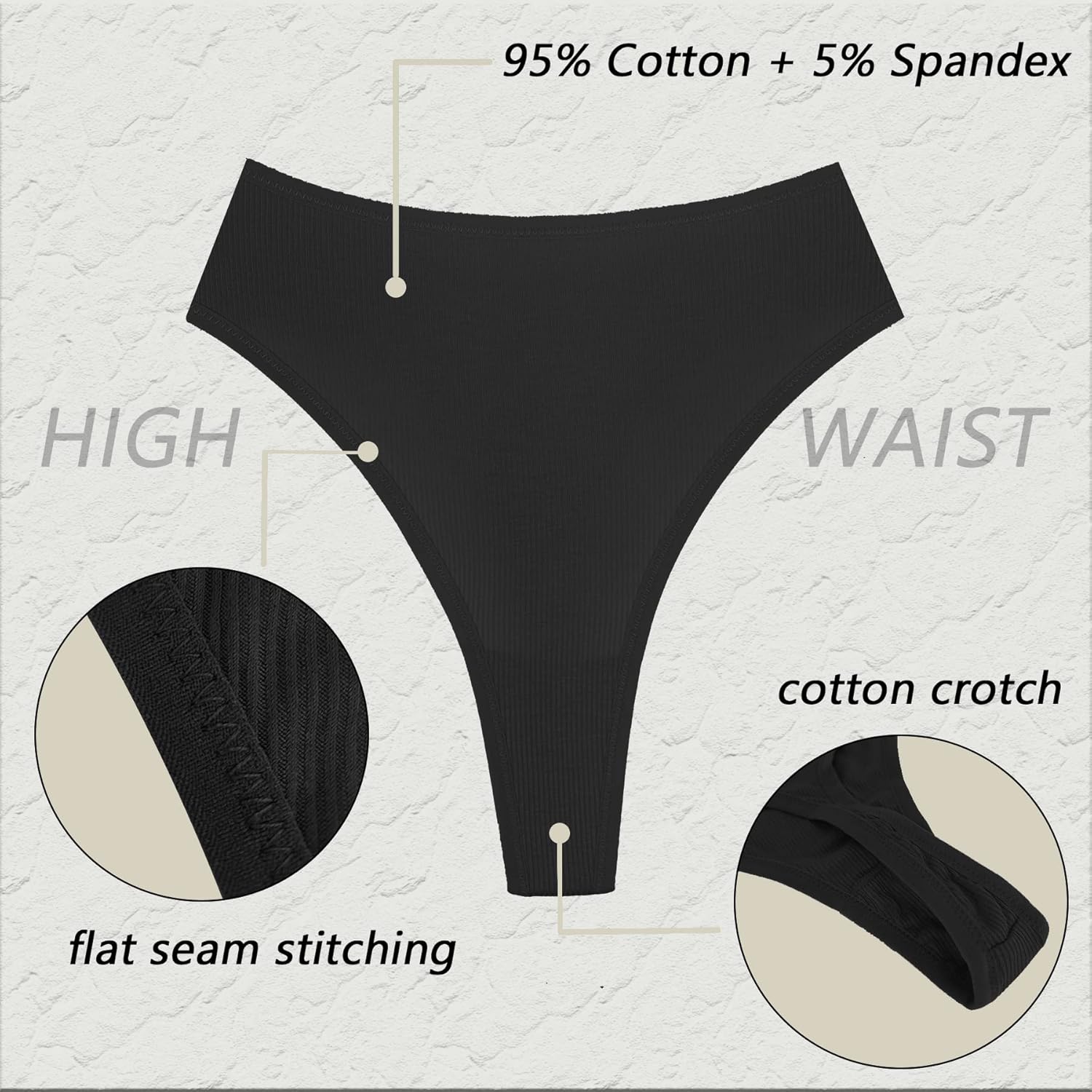 High Waisted Ribbed Cotton Thongs for Women High Cut Breathable Underwear 6-Pack Size S-4XL - Image 5