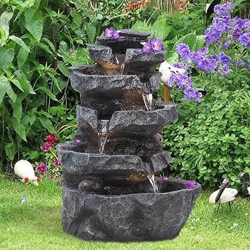 5-Tier Cascading Rock Water Fountain Outdoor Garden Waterfall with Lights, Outside Patio Water Features Fountain, for Patio, Backyard, Porch and Home Art Decor (Black B)
