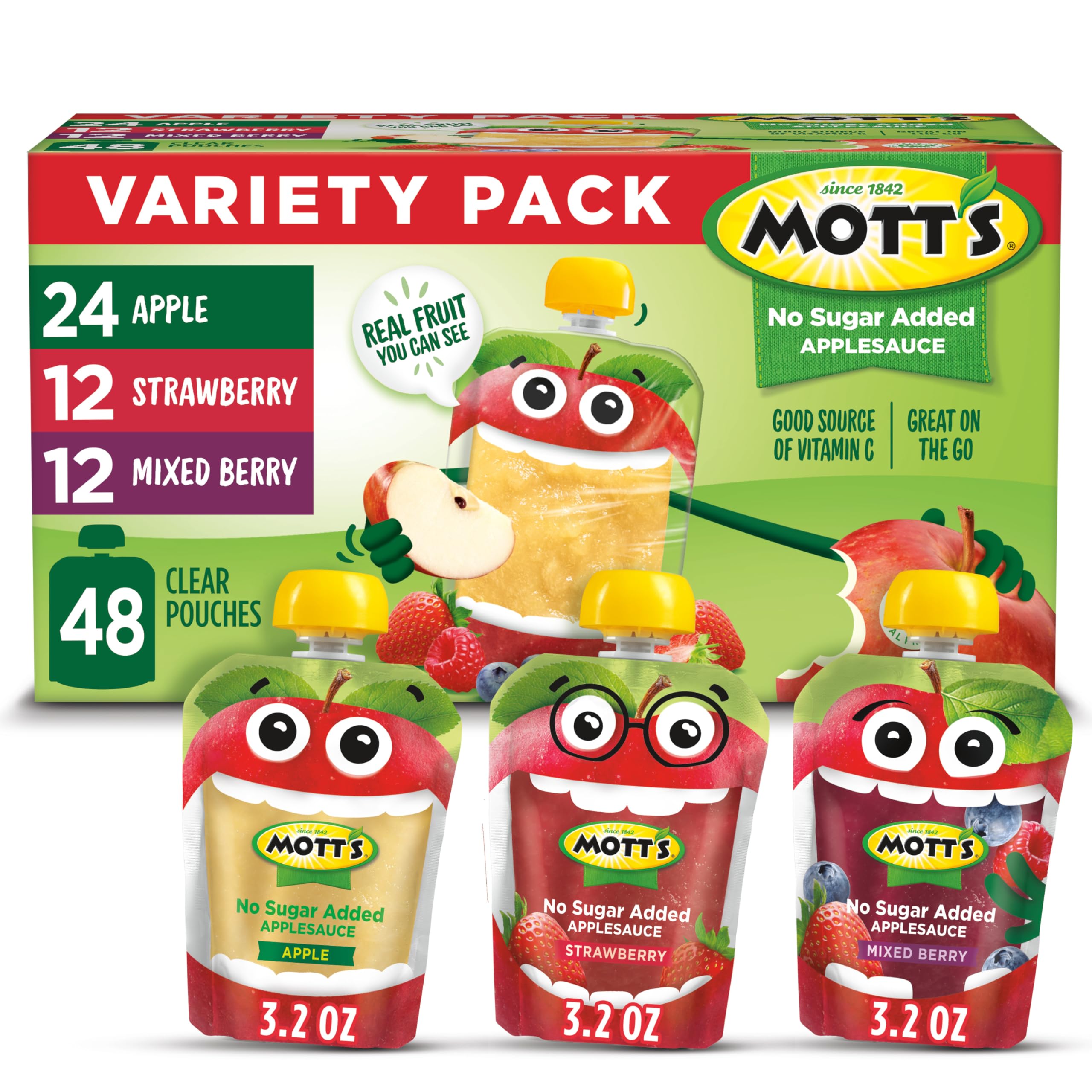 Mott's No Sugar Added Applesauce Variety Pack, 3.2 Oz Pouches, 48 Count