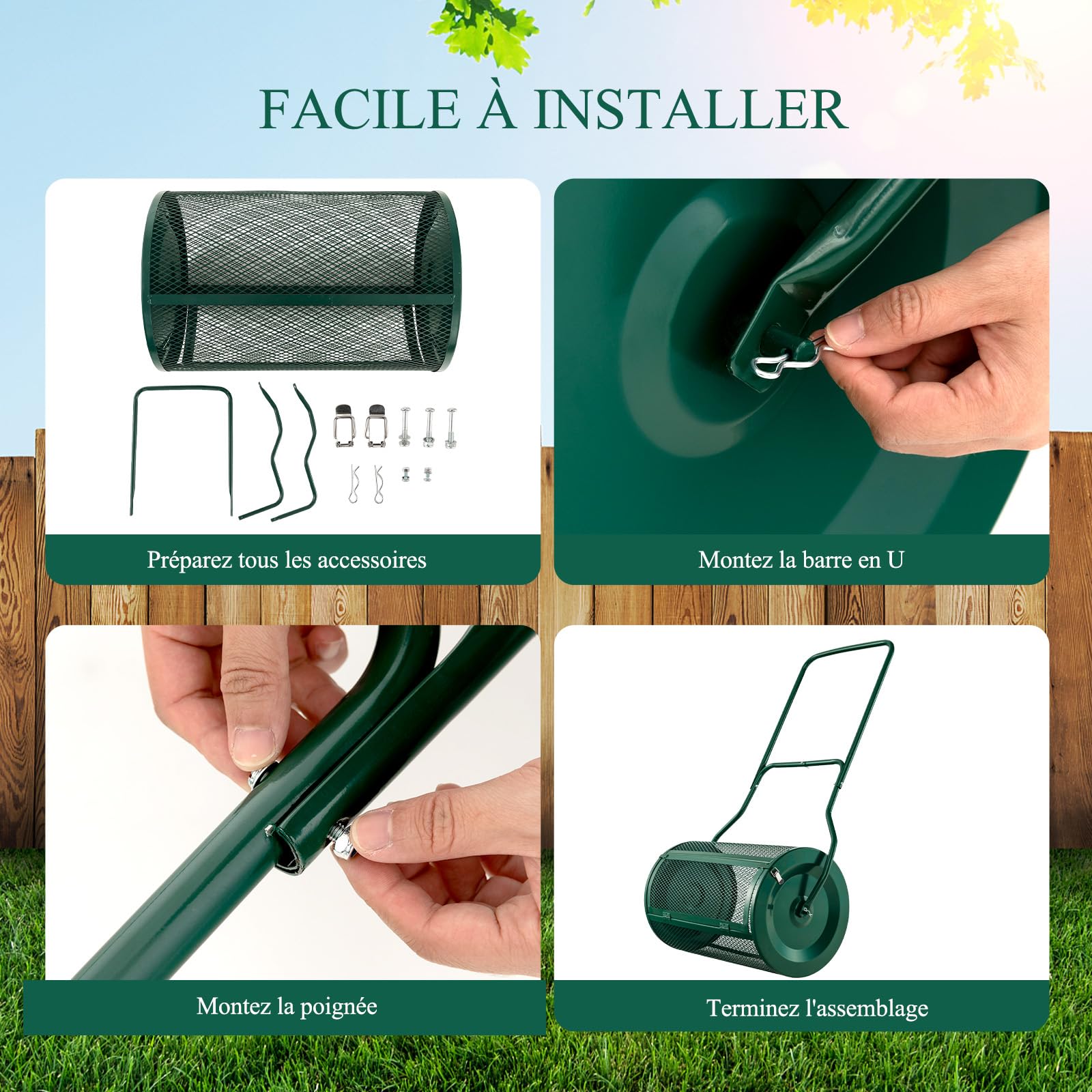 SOARS Rullo Spargiconcime Prato da 80L, Spargiconcime a Rullo Ø39 x 68 cm con Manico e Cestello in Rete Metallica, Spargiterriccio da Giardino per Concimazione e Semina (Verde)