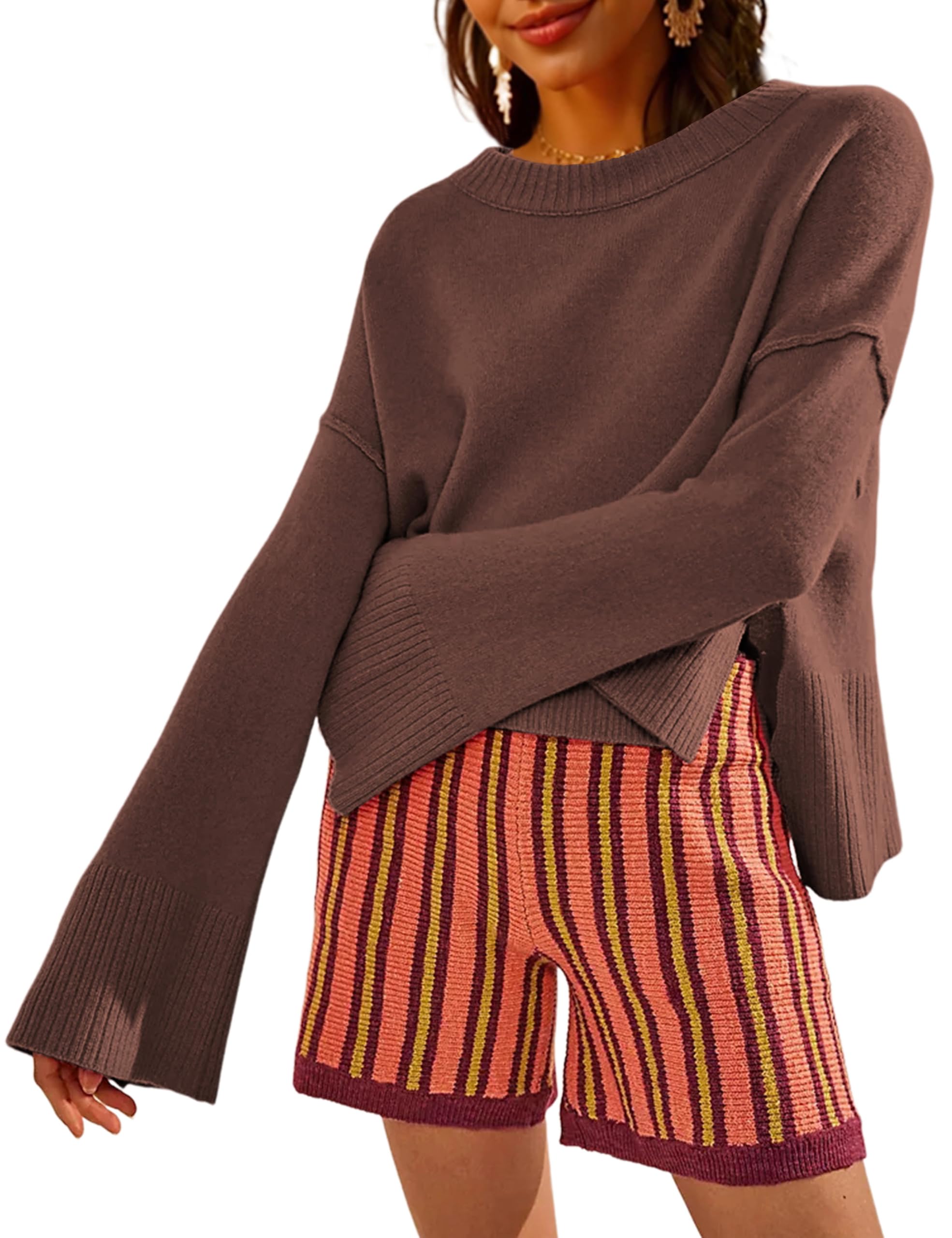 Womens Lightweight Sweaters Crewneck Bell-Style Sleeve Batwing Knit Tops Slouchy Soft Pullover Jumpers Coffee-S
