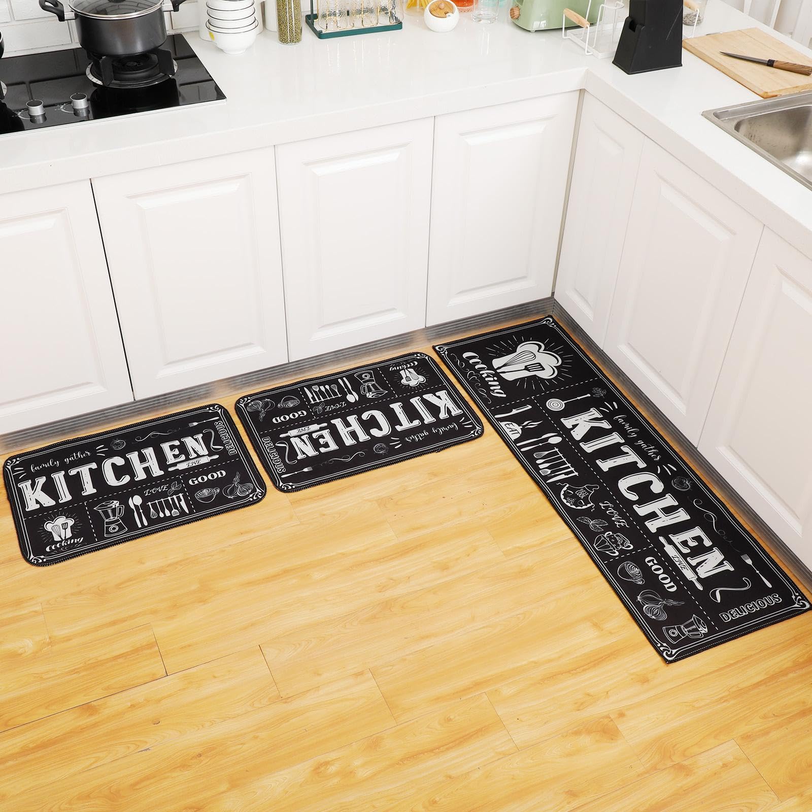 Sinmoe 3 Pcs Kitchen Rug Set Non Skid Thick Black Kitchen Rugs and Mats Stain Resistant Anti Fatigue Mats for Microfiber Floor Non Slip Backing Mat, 15.7" x 47.2", 15.7" x 23.6"