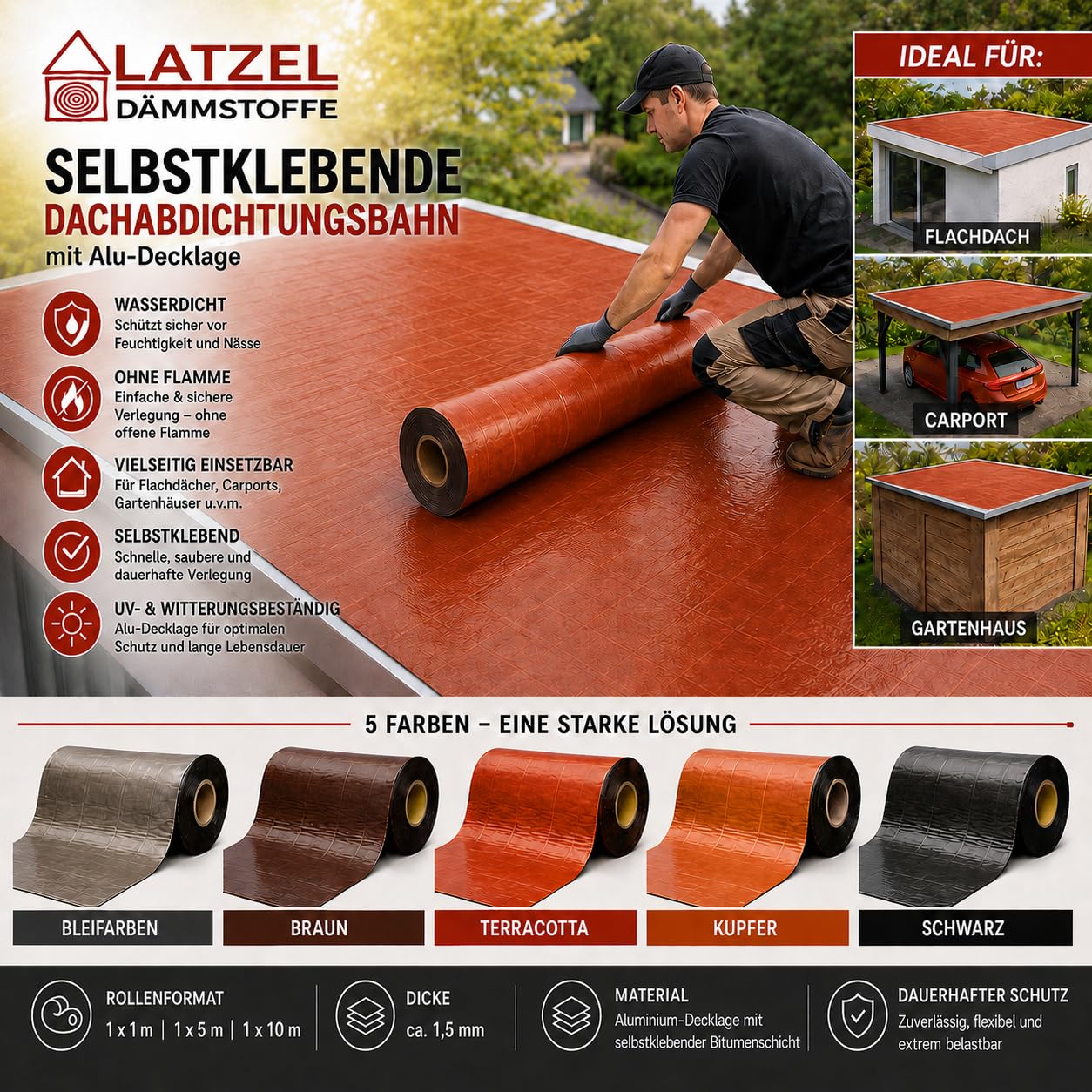 Techo autoadhesivo de 1 x 10 m de terracota – Hoja de techos de betún con cubierta de aluminio – Impermeabilización sin llama – para garajes, cobertizos de jardín y techo plano rollo de 10 m²
