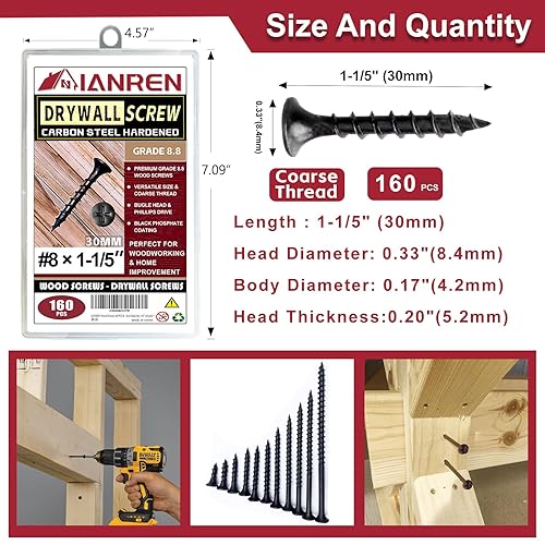 Miniatura 9 de 220 tornillos Phillips de cabeza plana de alta resistencia de grado 8#6 x 1 15 pulgadas (1.181 in), tornillos para paneles de yeso, cabeza de