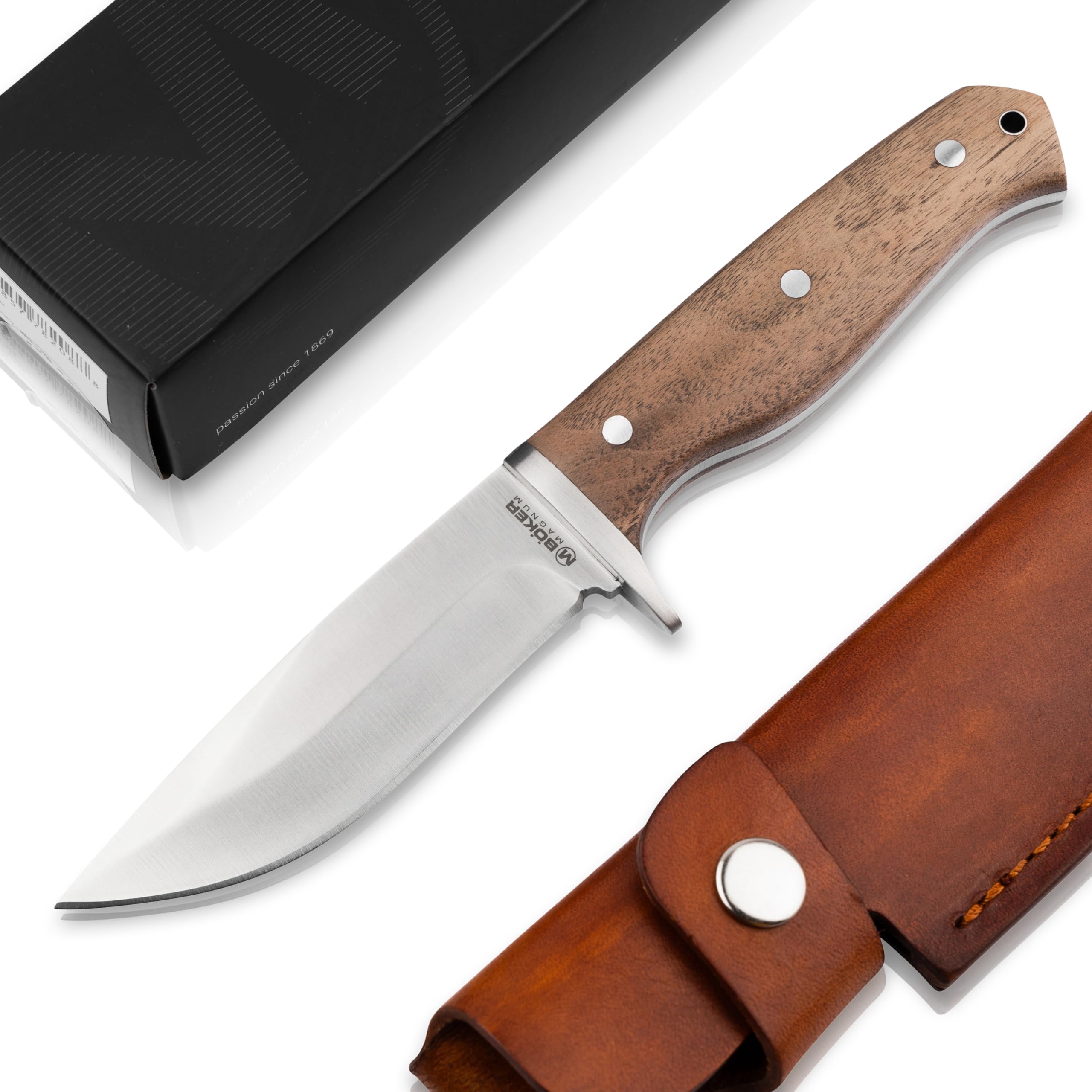 Magnum® Walnut Drop Fixed Knife - Fahrtenmesser mit feststehender Klinge unter 12 cm - Jagdmesser Holzgriff & Scheide - feststehendes Full Tang Outdoor Messer mit Parierelement für Pfadfinder
