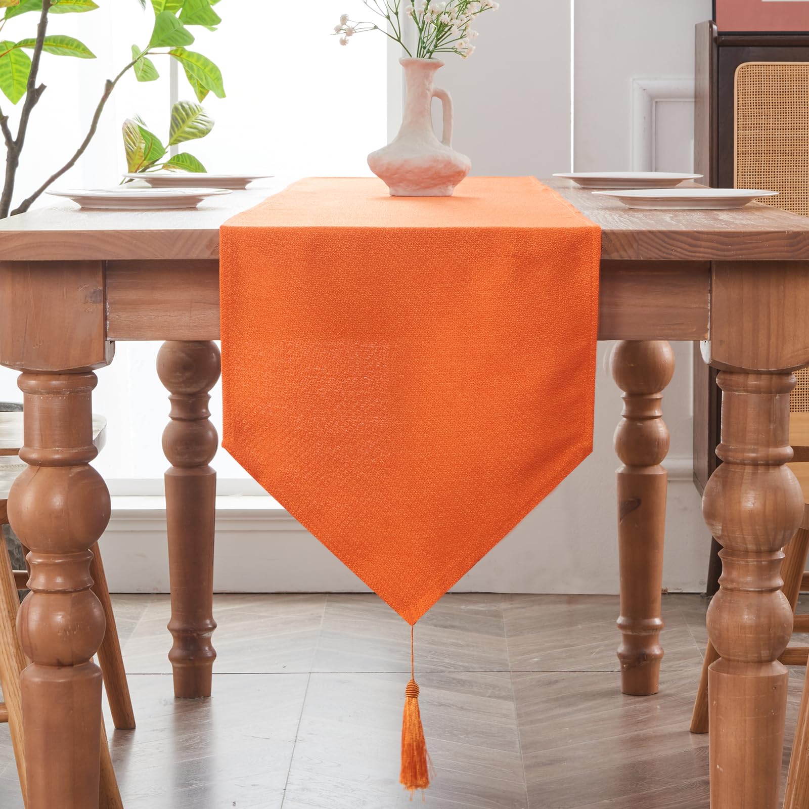 BALCONY & FALCON Table Runner with Tassels Rustic Farmhouse Jacquard Linen Style Dresser Scarves for Autumn Fall Harvest Halloween Thanksgiving Party 14 x 95 inch, Vibrant Orange