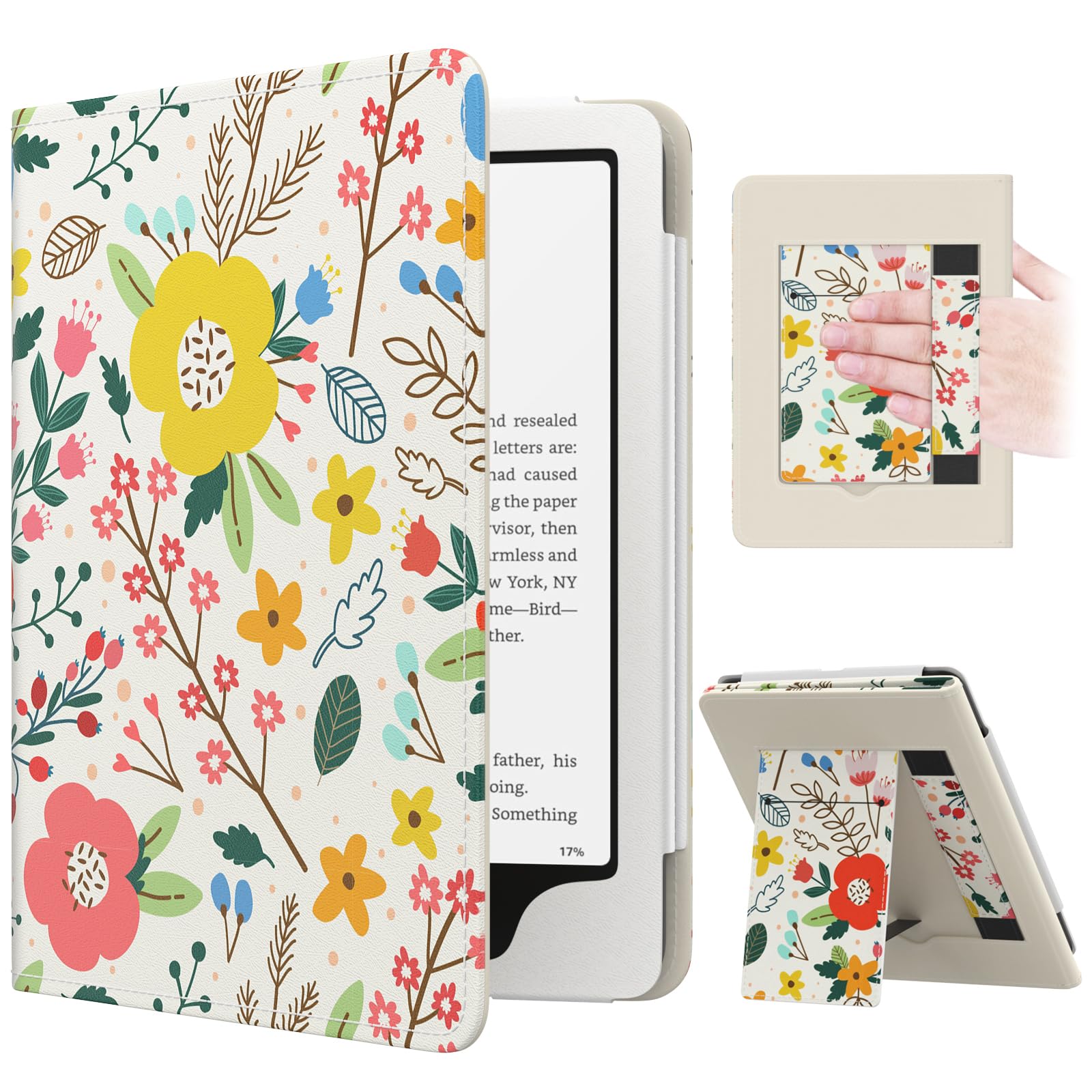 MoKo Case for 7"/6.8" Kindle Paperwhite(12th/11th Gen-2024/2021) and Kindle Colorsoft Signature Edition, Slim PU Shell Cover Case with Auto-Wake/Sleep for Kindle Paperwhite 2024, Full Screen Flowers