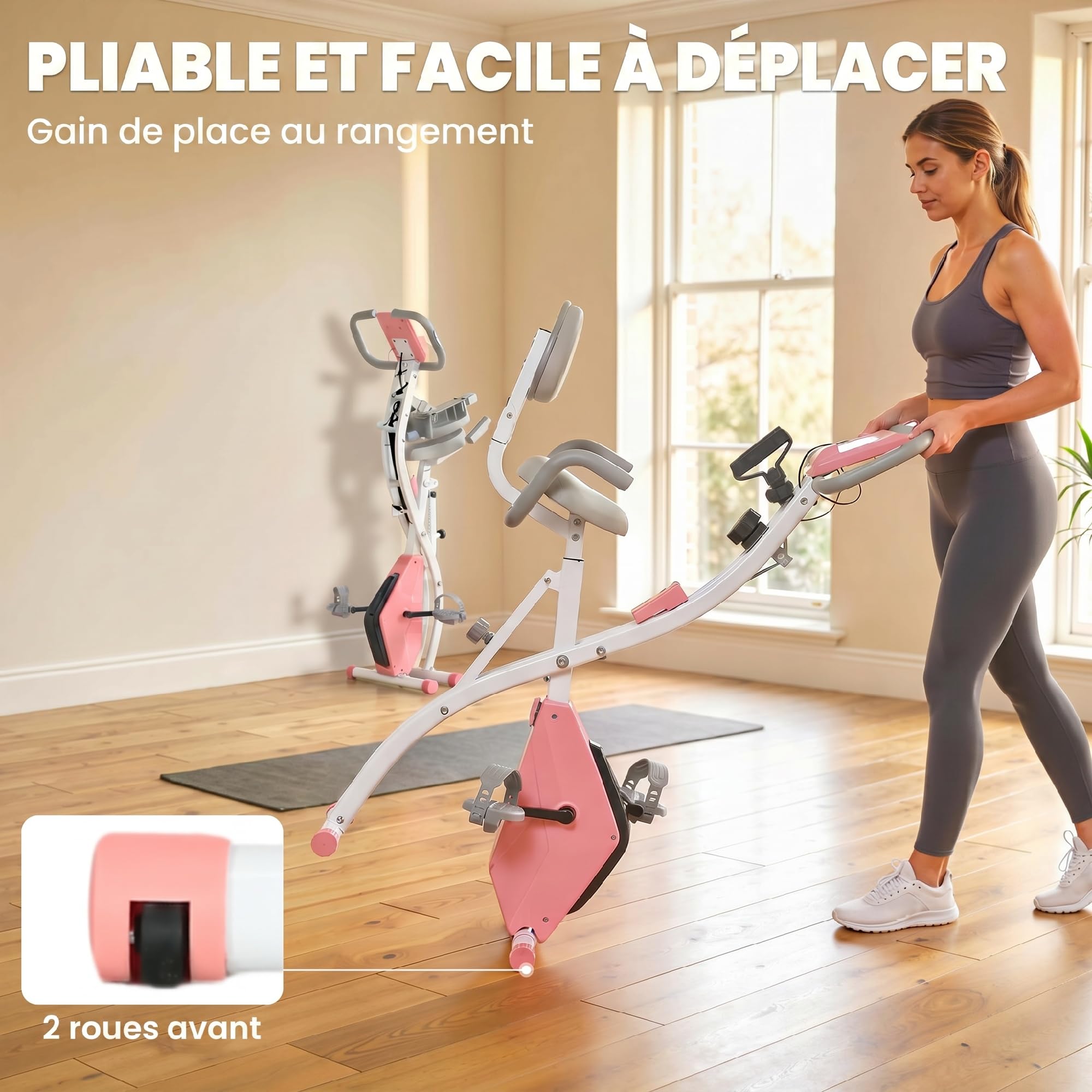 HOMCOM Vélo d'Appartement Pliable 4-en-1 - Ergomètre Magnétique Silencieux avec Cordes de Résistance - Sport Maison et Cardio-training avec Roulettes, Selle Confort et LCD (Max 120kg)