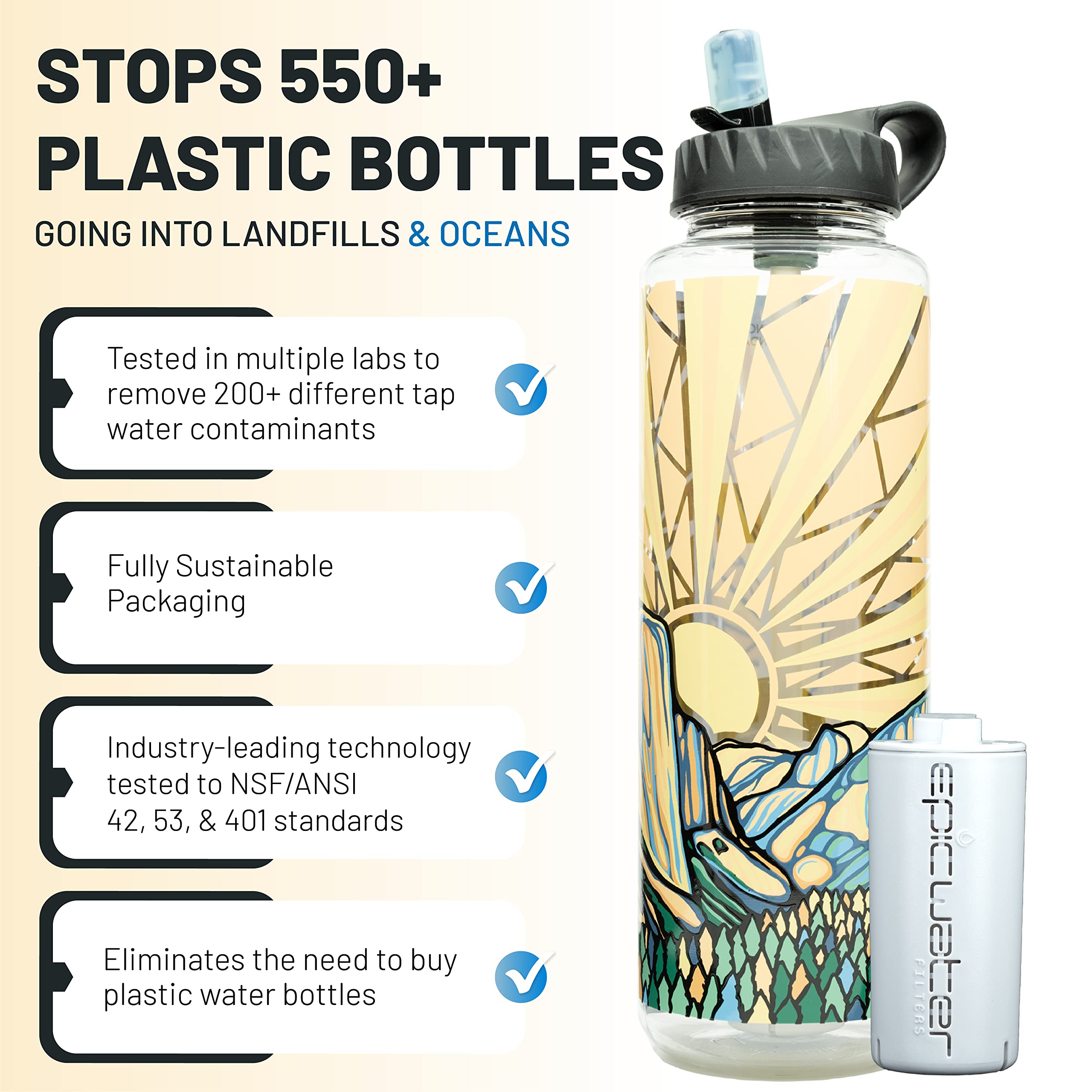 Epic Water Filters Nalgene OG Wasserflasche mit Filter, hergestellt in den USA, BPA-frei, entfernt 99,99 % Leitungswasser-Verunreinigungen, Forever Chemicals, Honnold Foundation Art, 1,4 l
