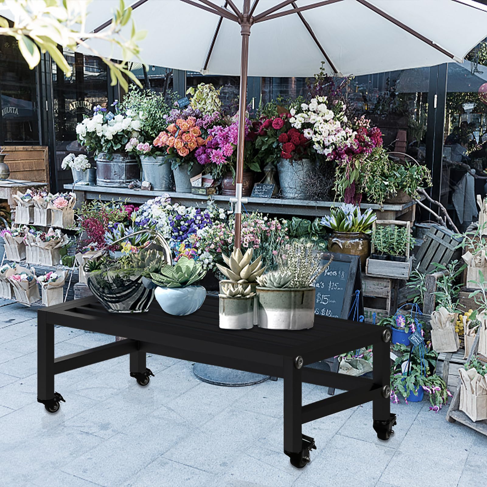 Homarket Metal Plant Stand,Wrought iron flower stand with wheel indoor shelf balcony simple living room green flower floor multi-functional flower shop multi-meat rack (Black 50x25x20cm)