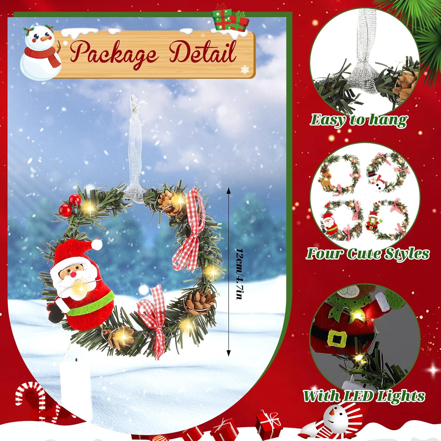 6 Pcs Christmas Cabinet Door Ribbon Bows with LED Light Festive Decoration Large Xmas Bows and 4 Pcs Christmas Hanging Pine Wreaths with Santa Claus Snowman Elk for Christmas Party Supplies