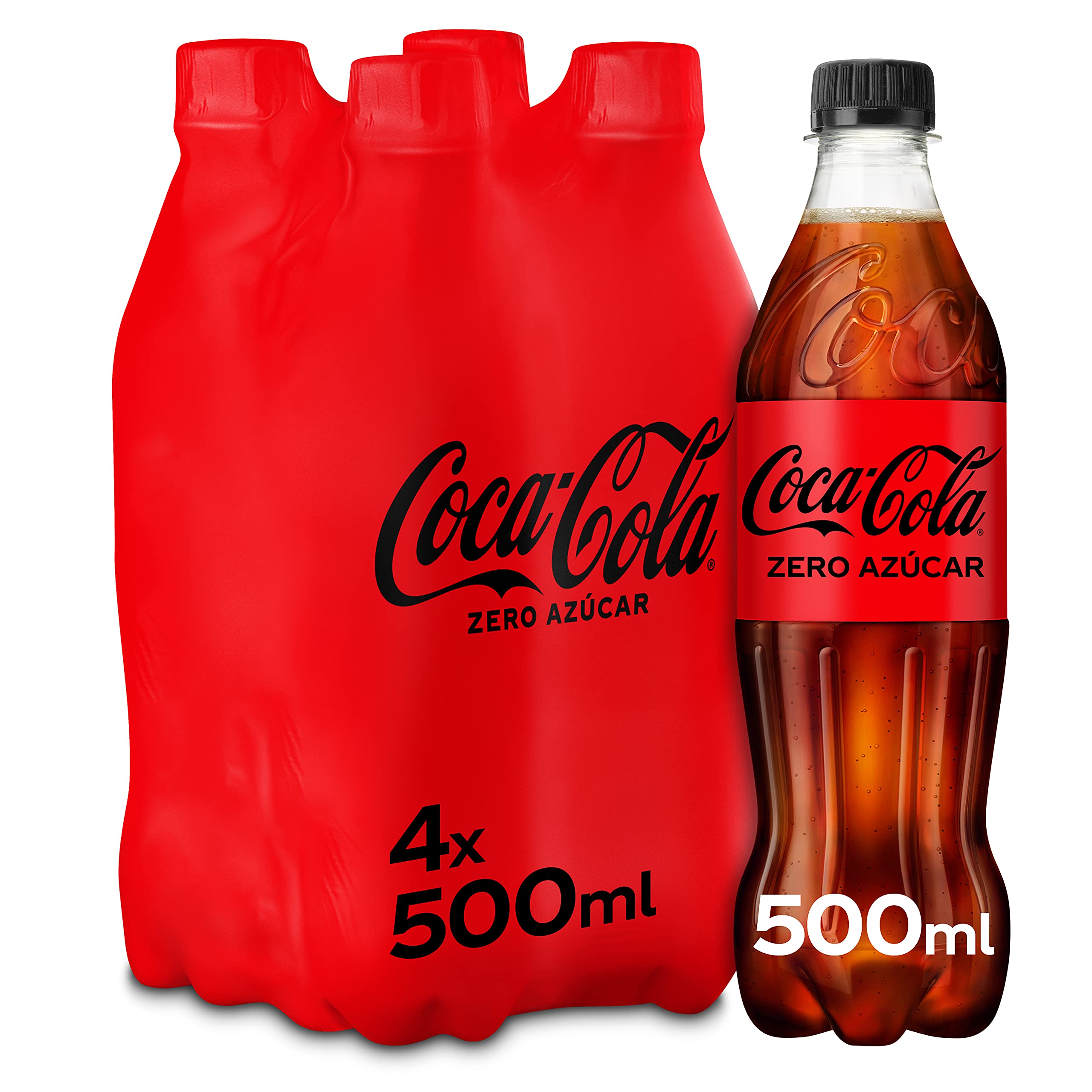 Coca-​Cola Zero Azúcar, Refresco de Cola sin Azúcar, Bajo en Calorías - Pack 4 botellas de 500ml