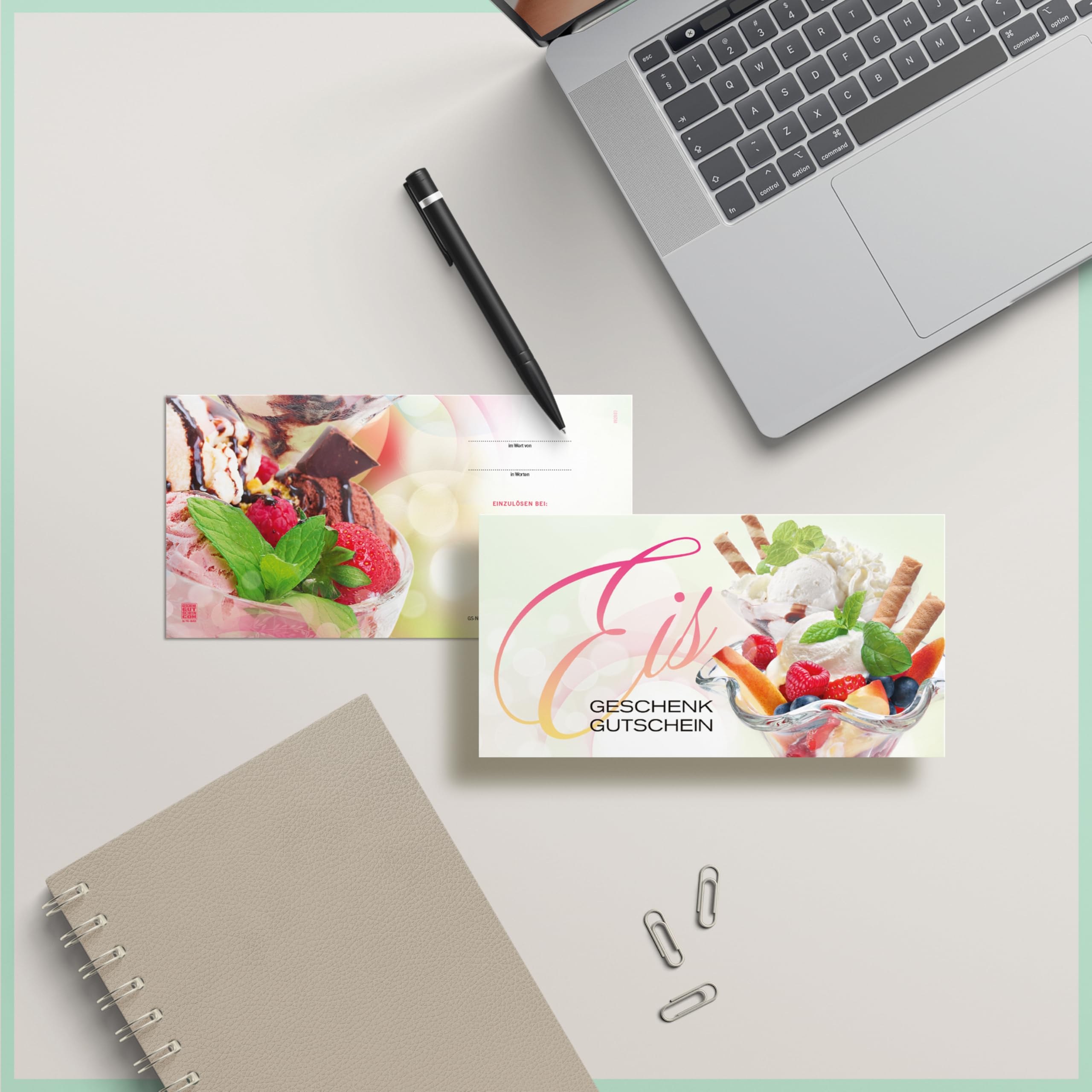 Gutschein-Set. 100x Gutschein + Kuvert. Für Eissalons Eiscafés, blanko zum selber Ausfüllen.
