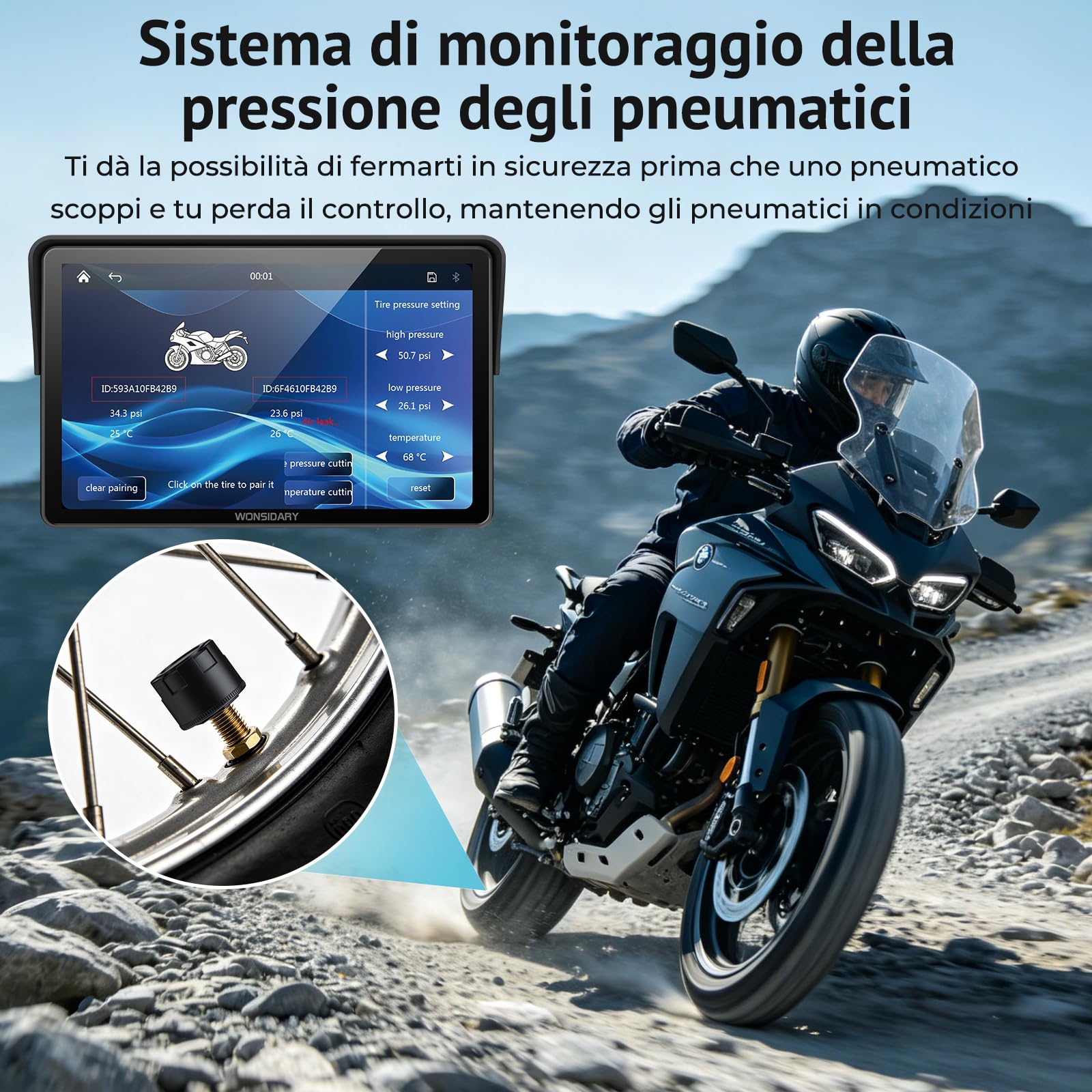 W722TPMS Schermo CarPlay Moto 7" Wireless con Android Auto Moto,TPMS,Display GPS Moto Impermeabile IP67,Audio Bluetooth Doppio,Controllo Vocale,EQ,Sensore di Luce,Alimentazione USB/ACC