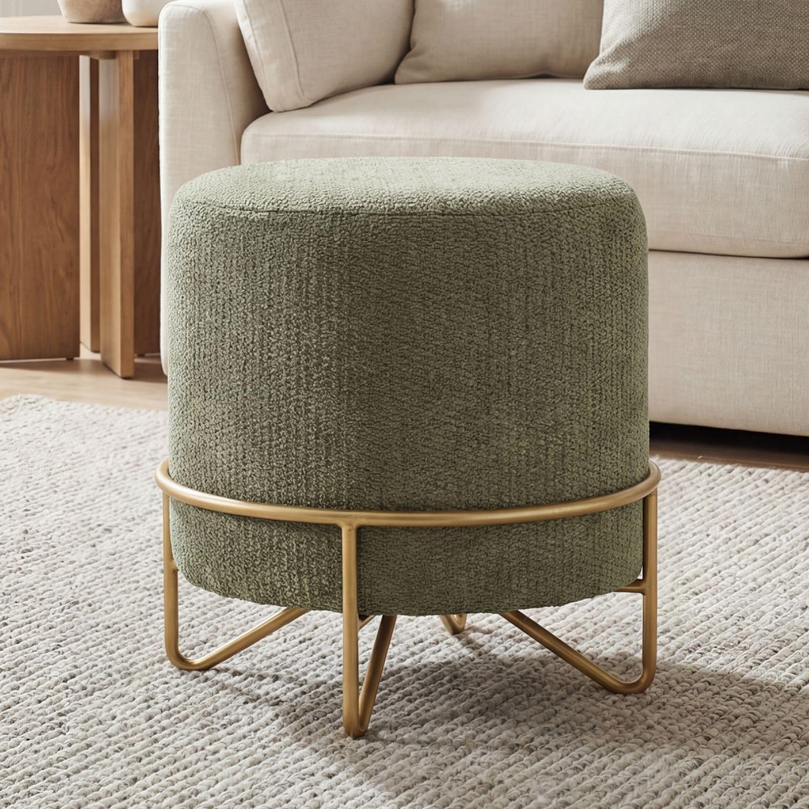 Ya-Home Modern Round Ottoman Stool Chenille Padded Poufee Footstool with Gold Legs, Small Luxury Foot Stool for Living Room Bedroom, Green