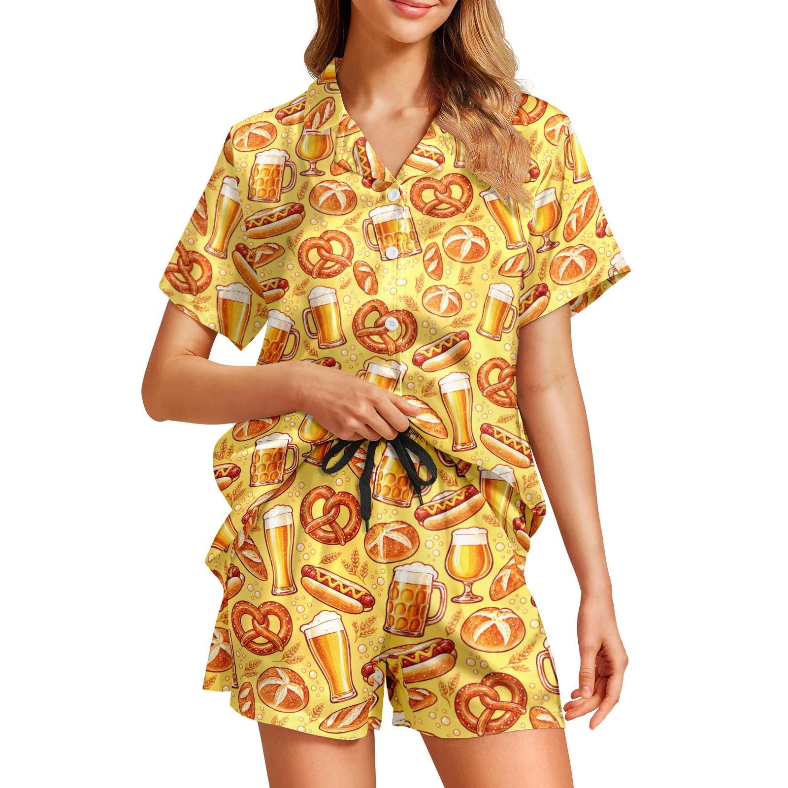 Funny Pajamas for Women Set Print Satin Loungewear Pjs Short Sleeve Button Down Top and Shorts Sets Sleepwear XS-3XL