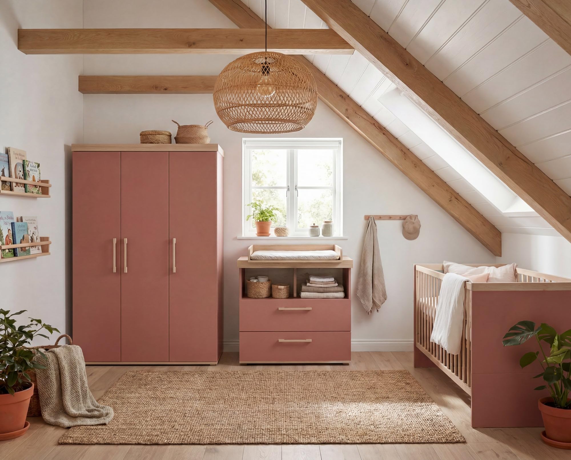 roba Babyzimmer Set „Jimmy“ - 3-teiliges Komplettzimmer mit Kombi-Kinderbett 70 × 140 cm, Wickelkommode & 3-türigem Kleiderschrank - Mauve/Eiche