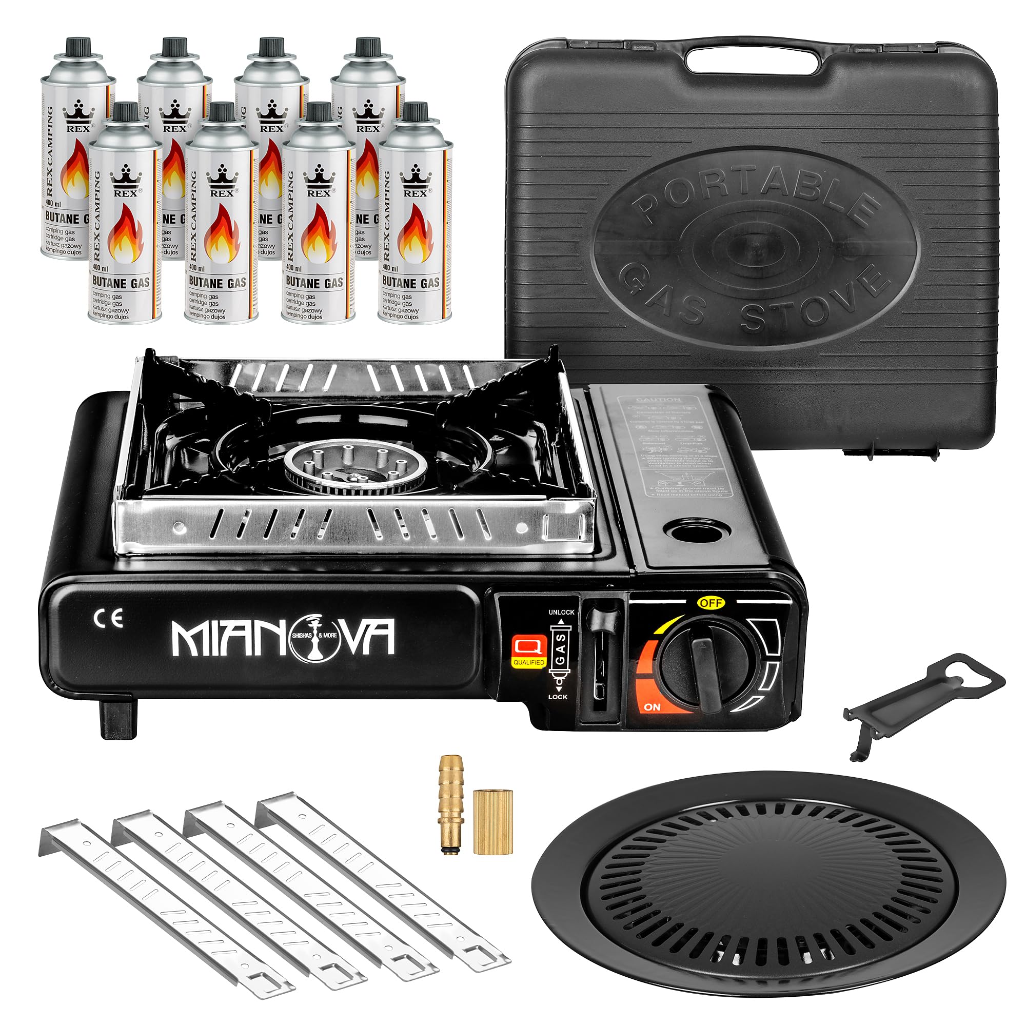 Taffstyle 2 in 1 LPG Anschluss Gas Campingkocher Gaskocher Outdoor BBQ Grill Notfallkocher Camping Herd 1 Flammig mit Koffer Windschutz Gaskartuschen Schwarz Kocher Grillplatte 8 Gasflaschen Butan