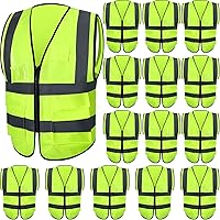 JaGely 15-Pack High Visibility Reflective Safety Vests with Pockets & Zipper - Large Fluorescent Green for Men Women Construction Work