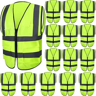 JaGely 15-Pack High Visibility Reflective Safety Vests with Pockets & Zipper - Large Fluorescent Green for Men Women Construction Work
