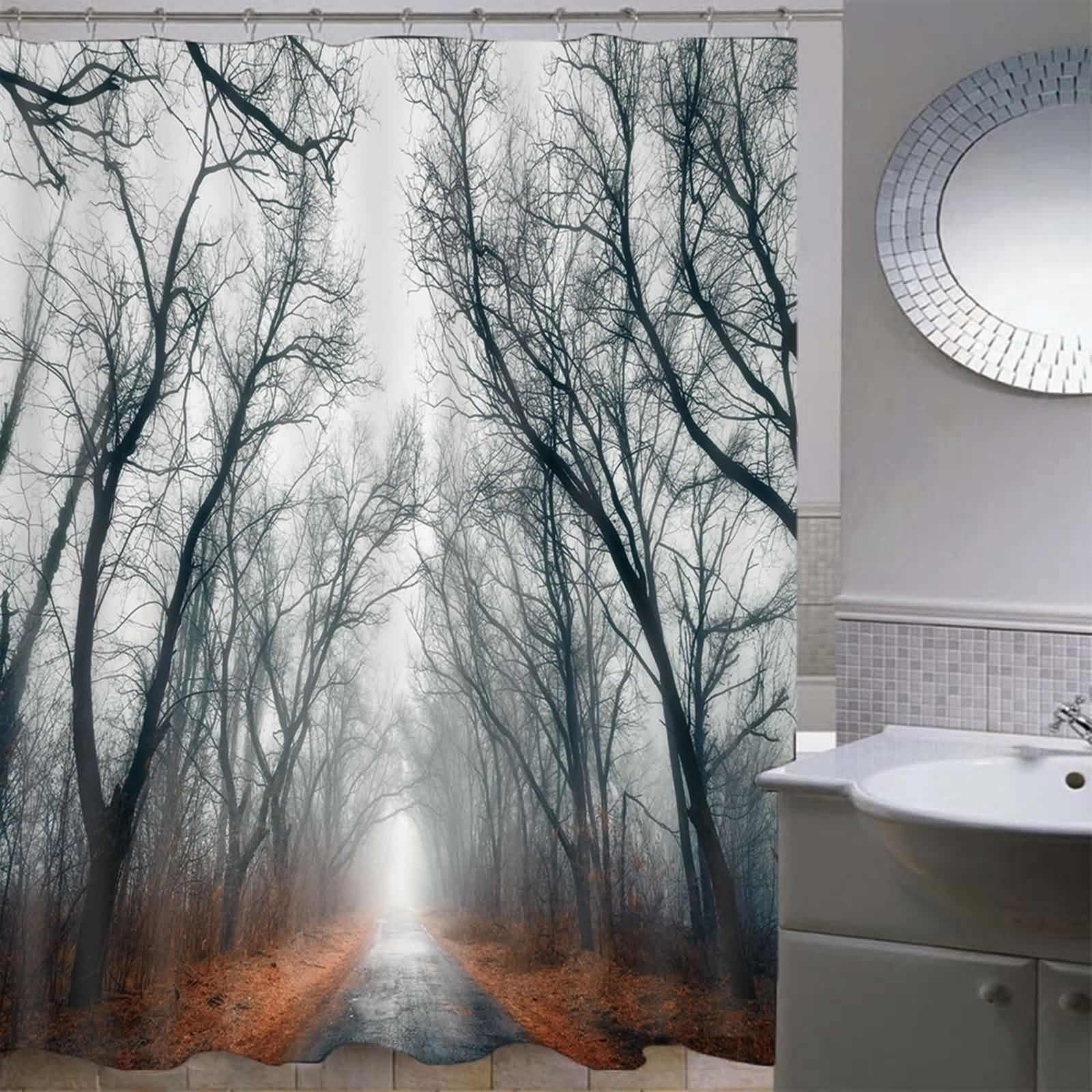 Cortina de ducha impermeable tela textil gris oscuro, patrón de calle forestal, cortina de baño antimoho, poliéster resistente al agua, lavable, cortinas de ducha en el baño para bañera
