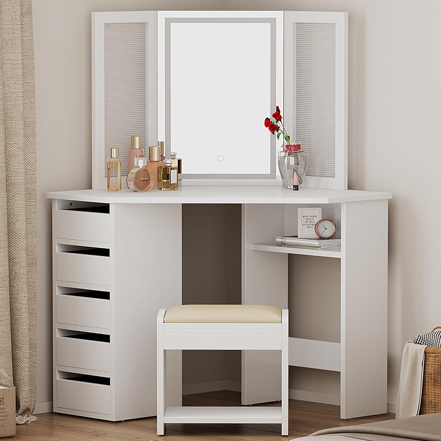 SogesPower Makeup Vanity Desk with Touch Screen Lighted Mirror,44Inch Corner Vanity Table Set with Earrings Stands,Dressing Table with 5 Fabric Drawers,Stool for Bedroom Small Space Women Girls,White SogesPower Makeup Vanity Desk with Touch Screen Lighted Mirror,44Inch Corner Vanity Table Set with Earrings Stands,Dressing Table with 5 Fabric Drawers,Stool for Bedroom Small Space Women Girls,White