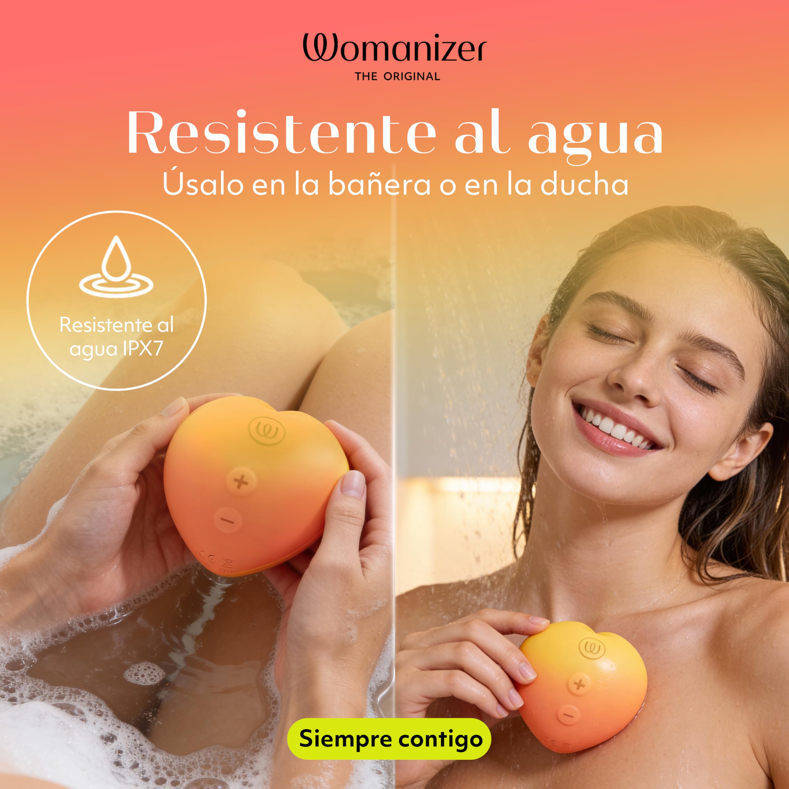 Womanizer Peach Succionador de Clítoris | Vibrador de Ondas de Presión Air Pulse | 14 Niveles | Cargador USB | Impermeable IPX7 | Cable de Carga y Base Soporte | Diseño Melocotón | Autonomía 60 min