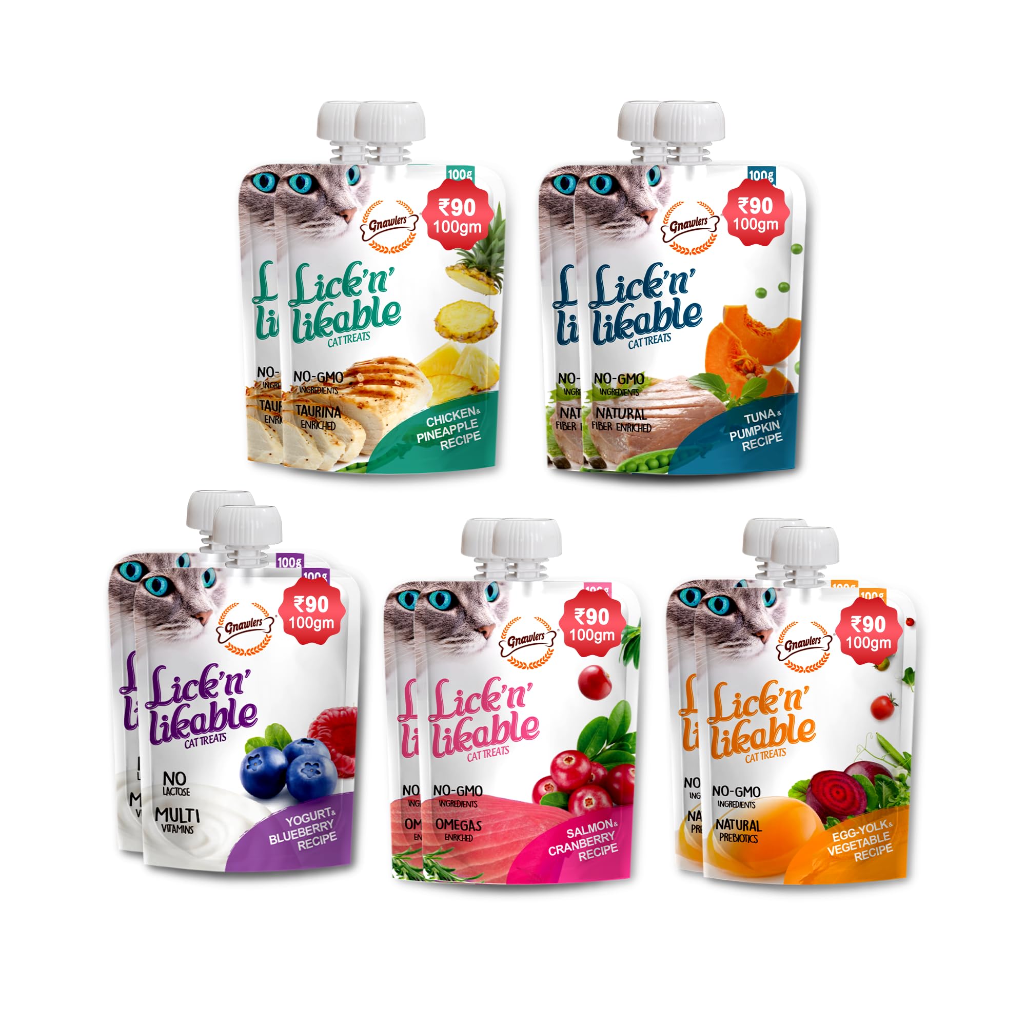 Gnawlers Lickable Wet Creamy Cat Treats With Assorted Flavours For Adult & Senior Cats, Healthy Cat Treat, Pack Of 10 - By Sniff N Licks