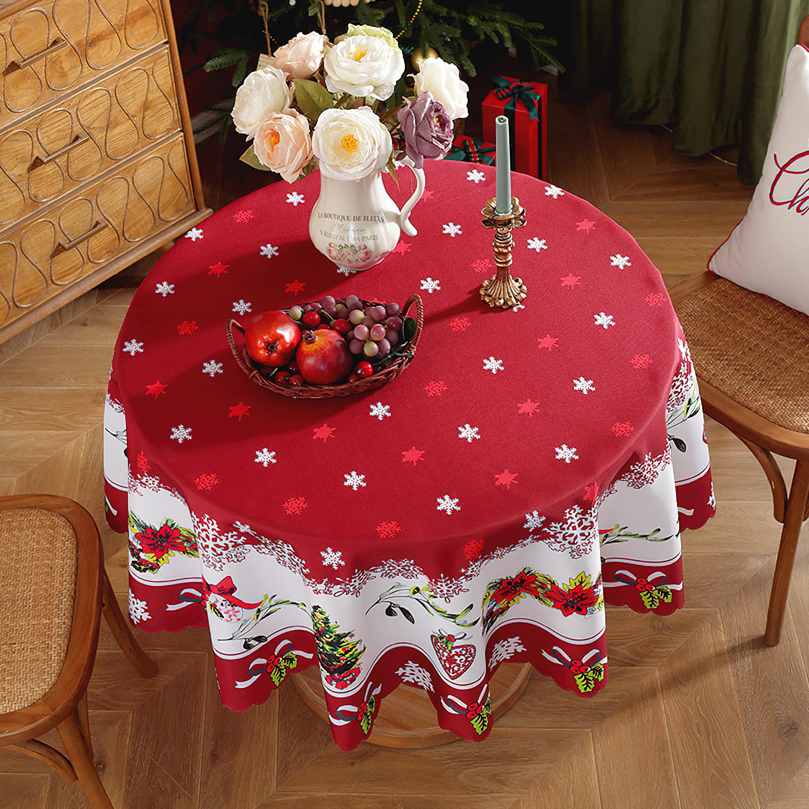 Nappe De Noël Avec Flocons De Neige - Pour Table Ronde - Rouge Foncé - Décorative