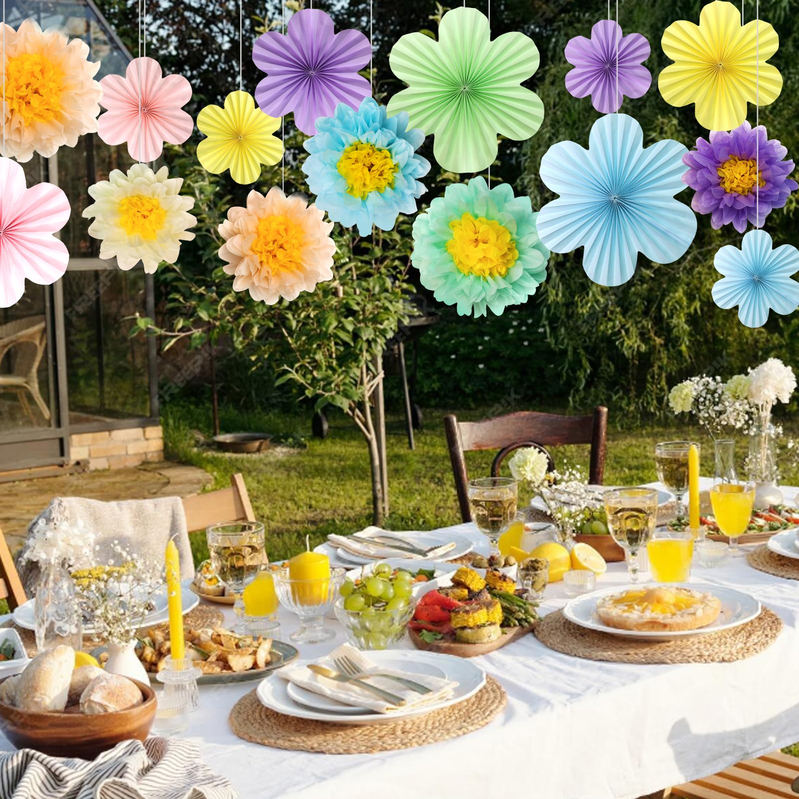 15 abanicos de papel de flores de papel azul y amarillo, flores de papel de seda para decoración de fiesta para graduación, cumpleaños, baby shower, boda, compromiso, decoración de pared (azul