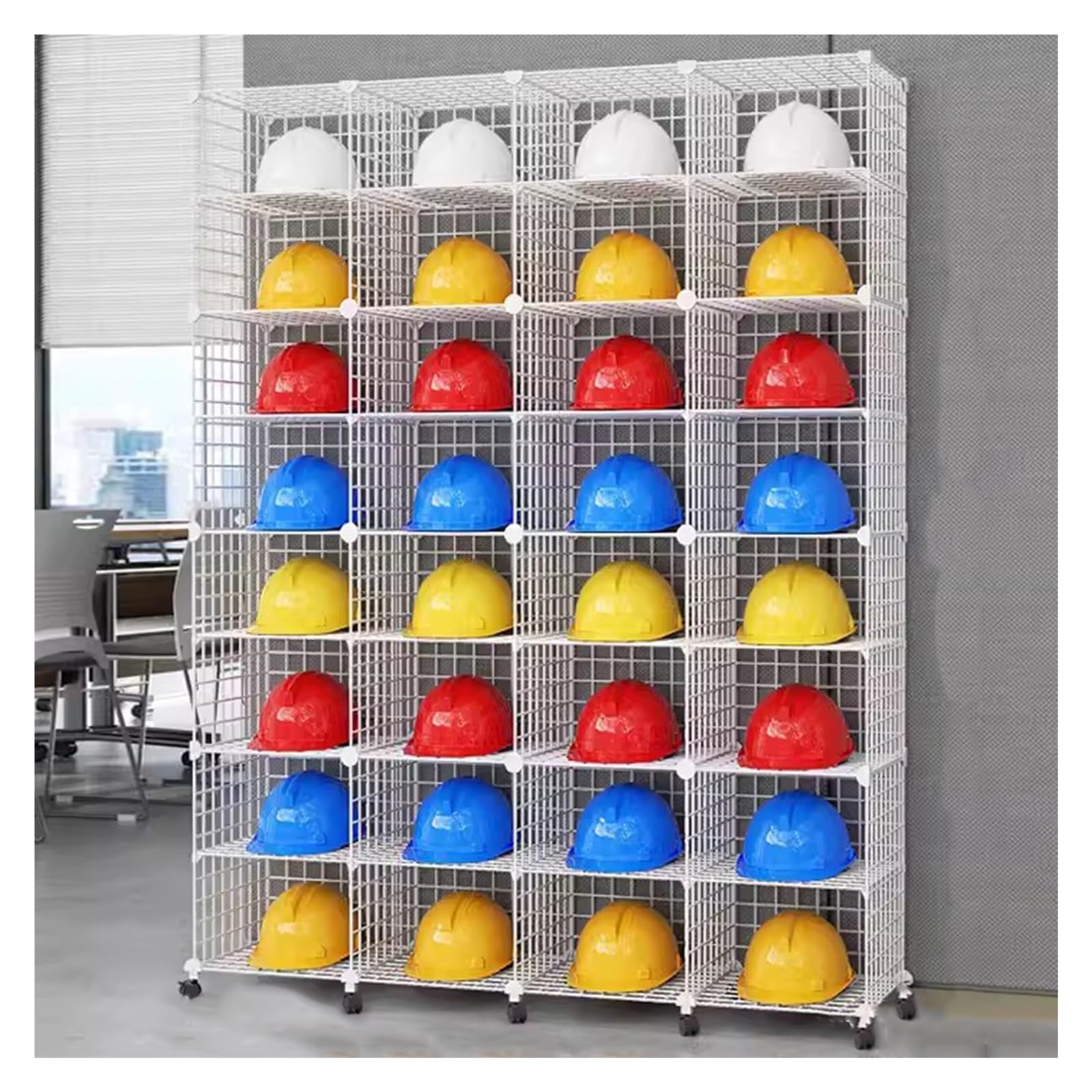 Grand support de rangement réglable à 32 compartiments pour casque de sécurité, boîtes de rangement empilables avec roues pour chantiers de construction, atelier, magasin de vente au détail