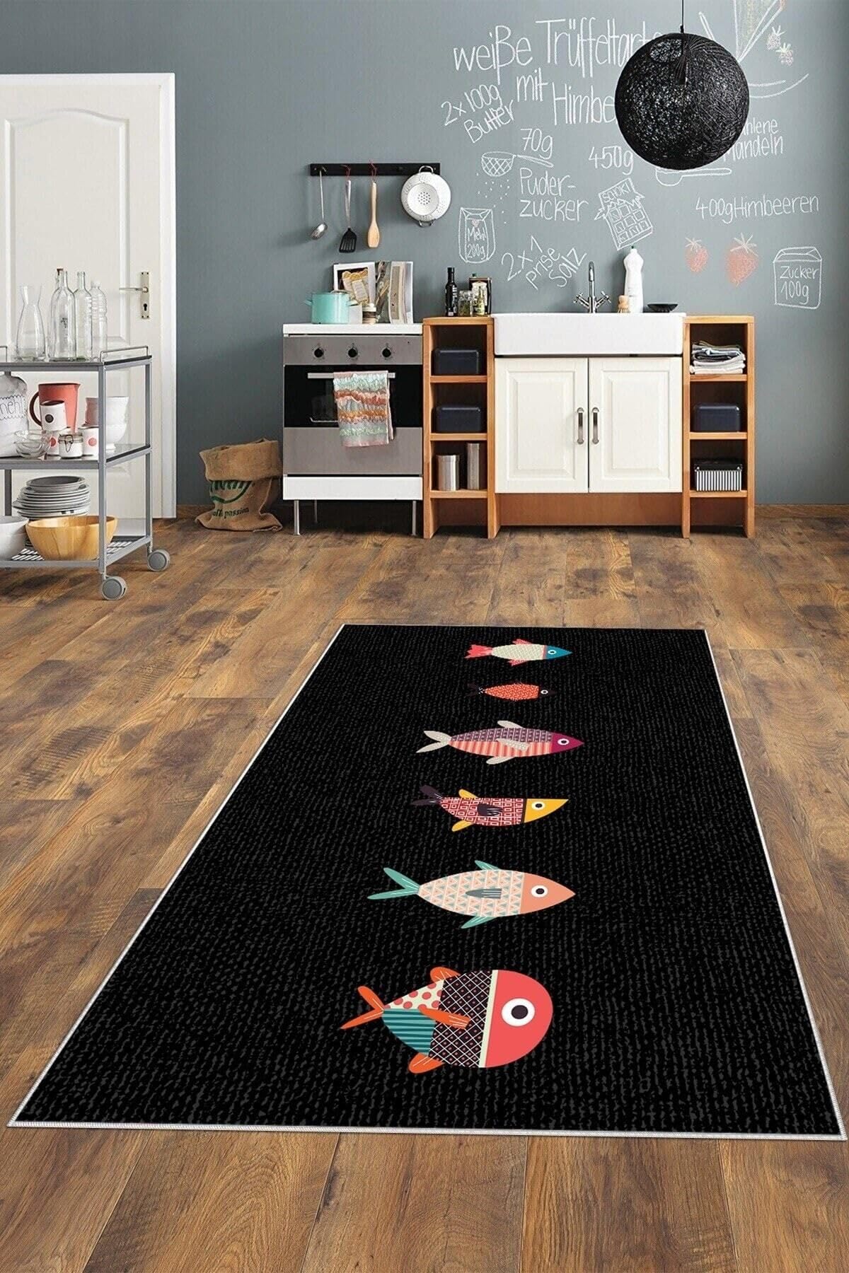 Pelangi Siyah Balık Detaylı Yıkanabilir Kaymaz Taban Leke Tutmaz Modern Salon Halısı Ve Yolluk, Siyah-Renkli 180 x 280, 135823718028005