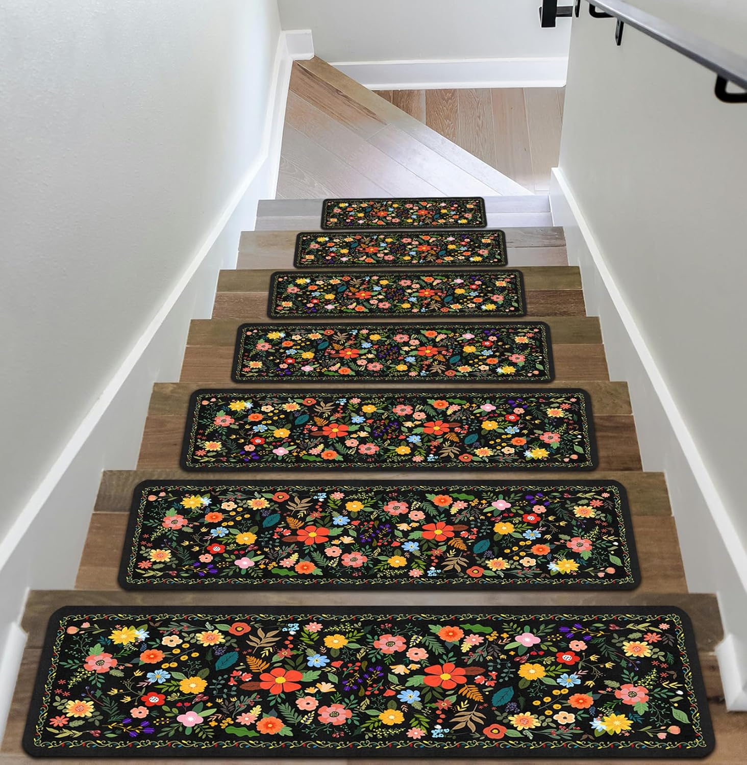 Floral Stair Treads for Wooden Steps Non-Slip 8"X30" 15PCS Black Stair Carpet Rubber Backing Stair Runner Washable Reusable Stair Rugs Indoor Safety Stair Mats for Elders Kids Dogs 8"X30" Black 15