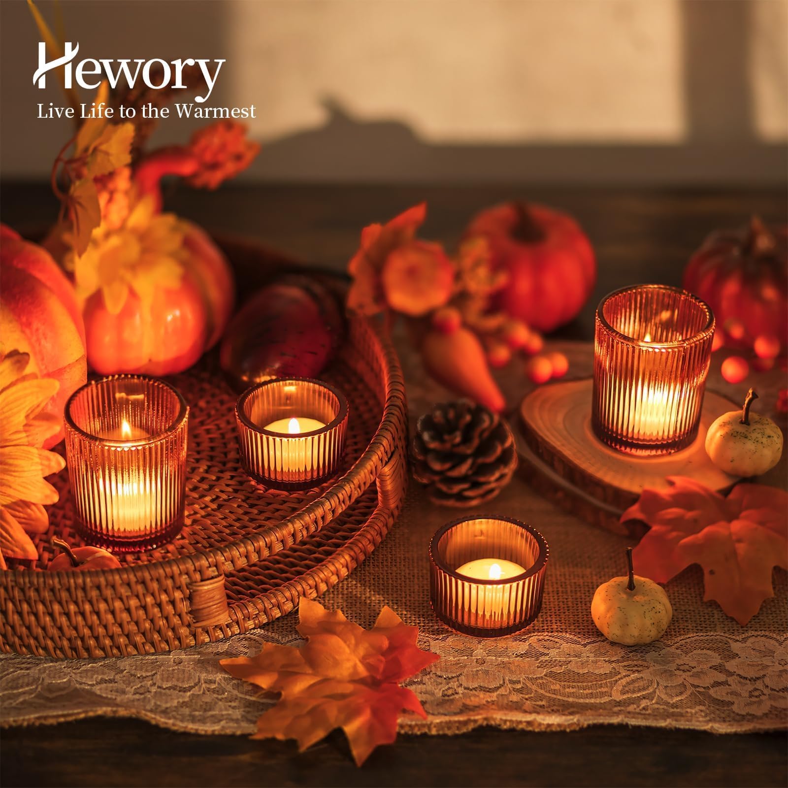 Hewory Lot de 24 photophores en verre ambré pour bougies chauffe-plat, décorations d'automne pour Thanksgiving, centre de table, fête de mariage, décoration d'intérieur