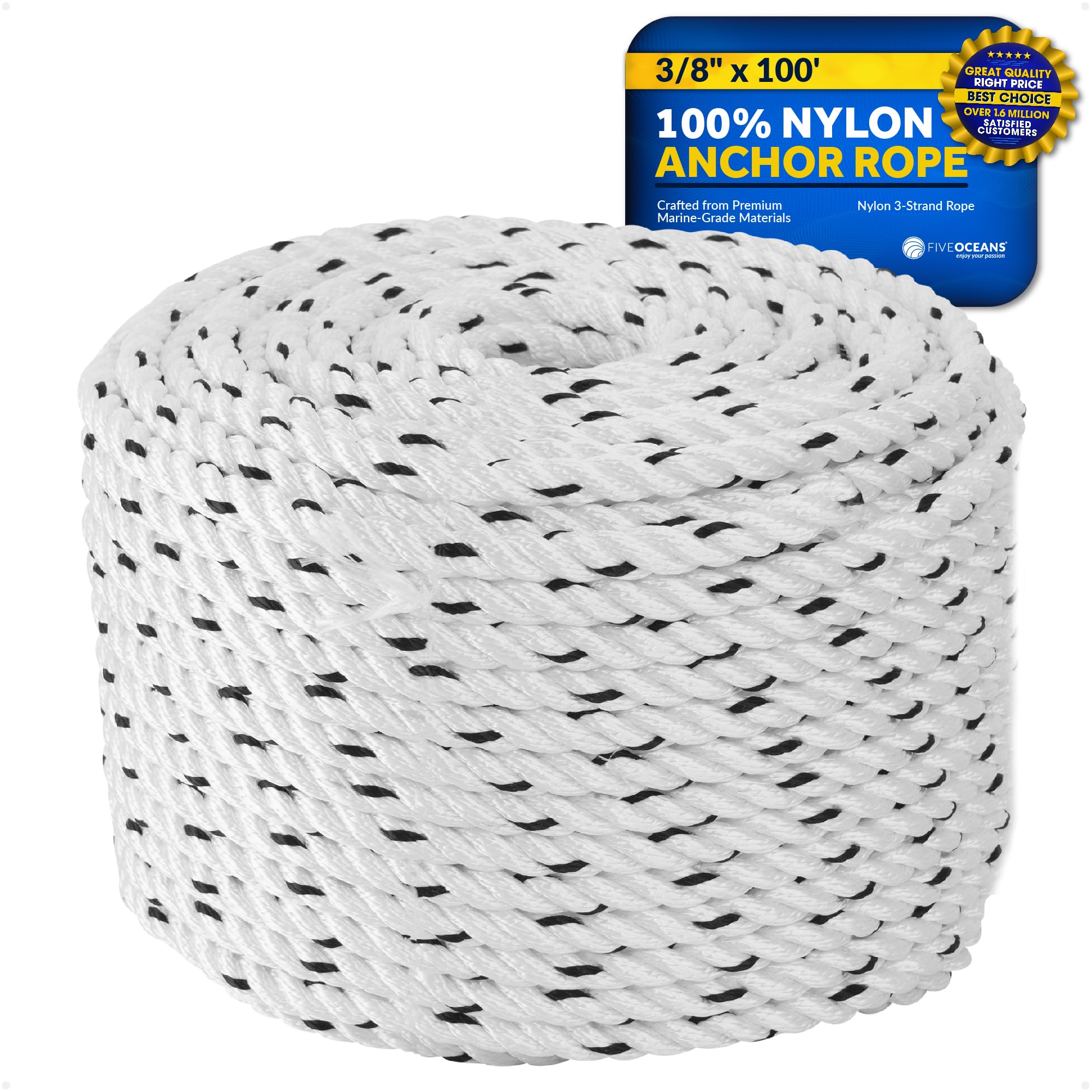 Five Oceans Boat Anchor Rope 3/8 inch x 100 ft - Marine Premium 3-Strand White Nylon - Ideal for Mooring Anchoring Windlasses Towing - FO4567-M100