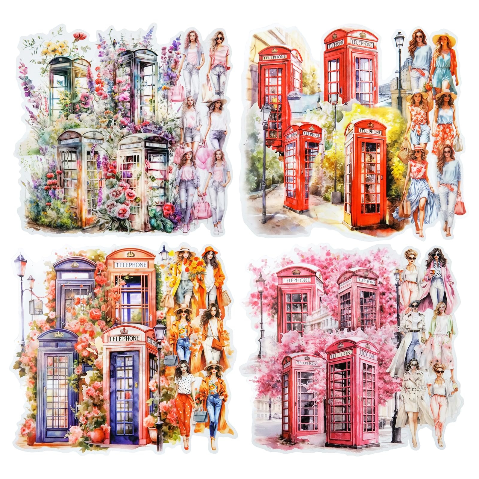 AuriicLeaf Telephone Booth PET Sticker Set, 80PCS Vintage Street Scene Stickers for Scrapbooking, Journaling, DIY Crafts, Planner Decoration, and