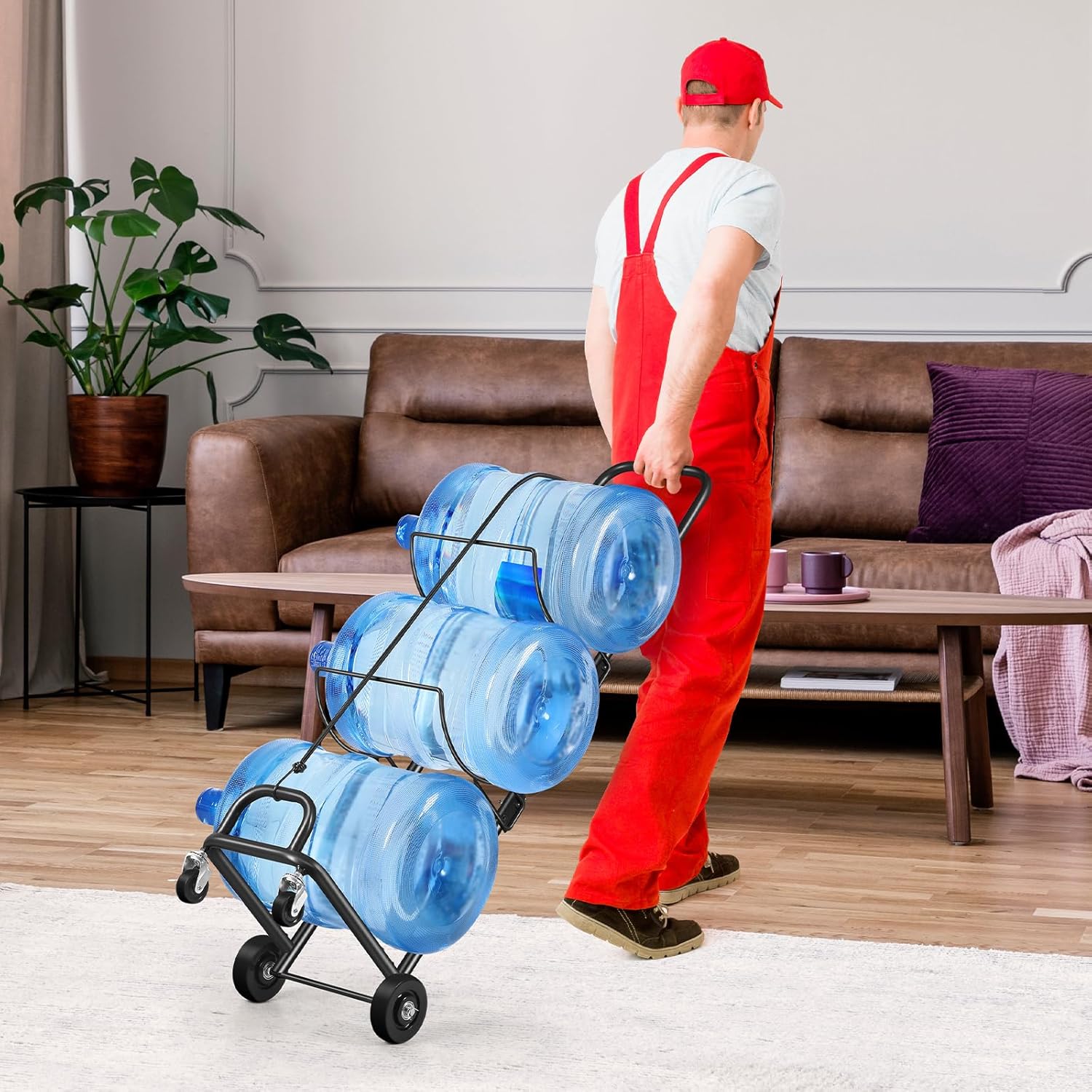 HEOMU 5 Gallon Water Jug Holder with Wheels, Heavy Duty 3-Tier Water Bottle Organizer with Elastic Rope, Adjustable Height Water Jug Storage Cart for Living Room Home Office Garage, Black