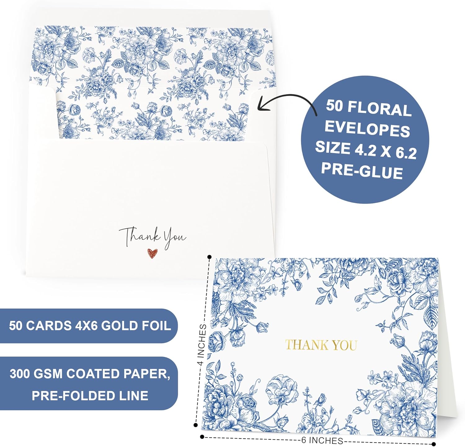 AUDREE 50 Gold Foil Thank You Cards with Envelopes (4x6) - Elegant Blue Floral Thank You Cards with Matching Adhesive Envelopes - Perfect for Wedding, Bridal Showers, Baby Showers, All Occasion - Image 3