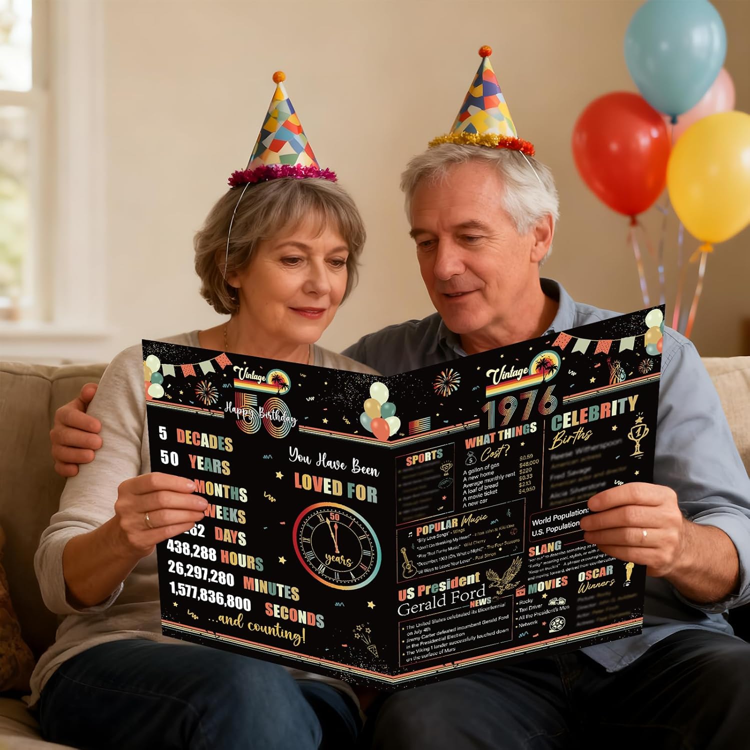 50th Birthday Card With Envelope - Vintage 1976 Birthday Giant Guest Book Gifts for Men Women, Happy 50 Fifty Years Old Bday Greeting Card Party Decorations Supplies - Image 5