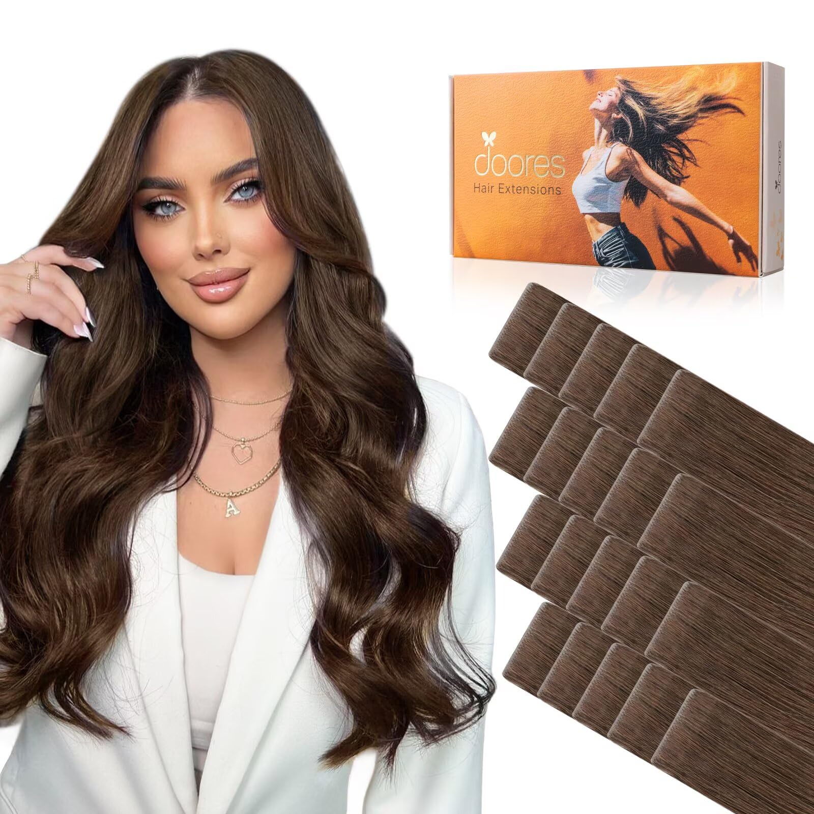 DOORES Invisi Edge Tape in Hair Extensions, Chocolate Brown 10 Injection Tape-ins with 10 Injection Tape-ins 50g 14 Inch, Injected Tape in Extensions