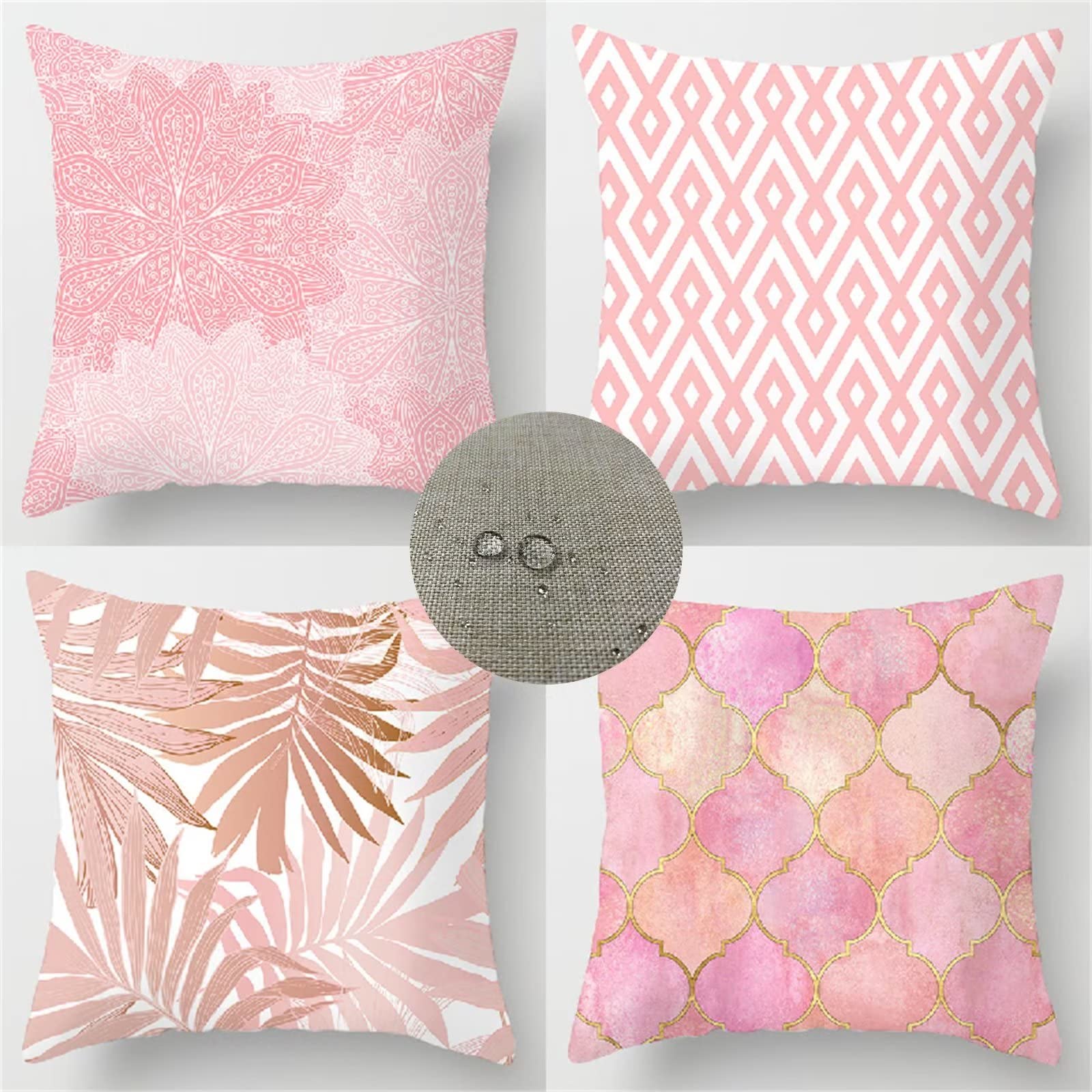 Federe Cuscini Divano 55x55 Set di 4 Cuscini per Divano impermeabile Lino Esterno Cuscini Decorativi Moderno Motivo Cuscini Divano Soggiorno Letto Estate giardino esterno Copricuscino (Rosa) JW-8791