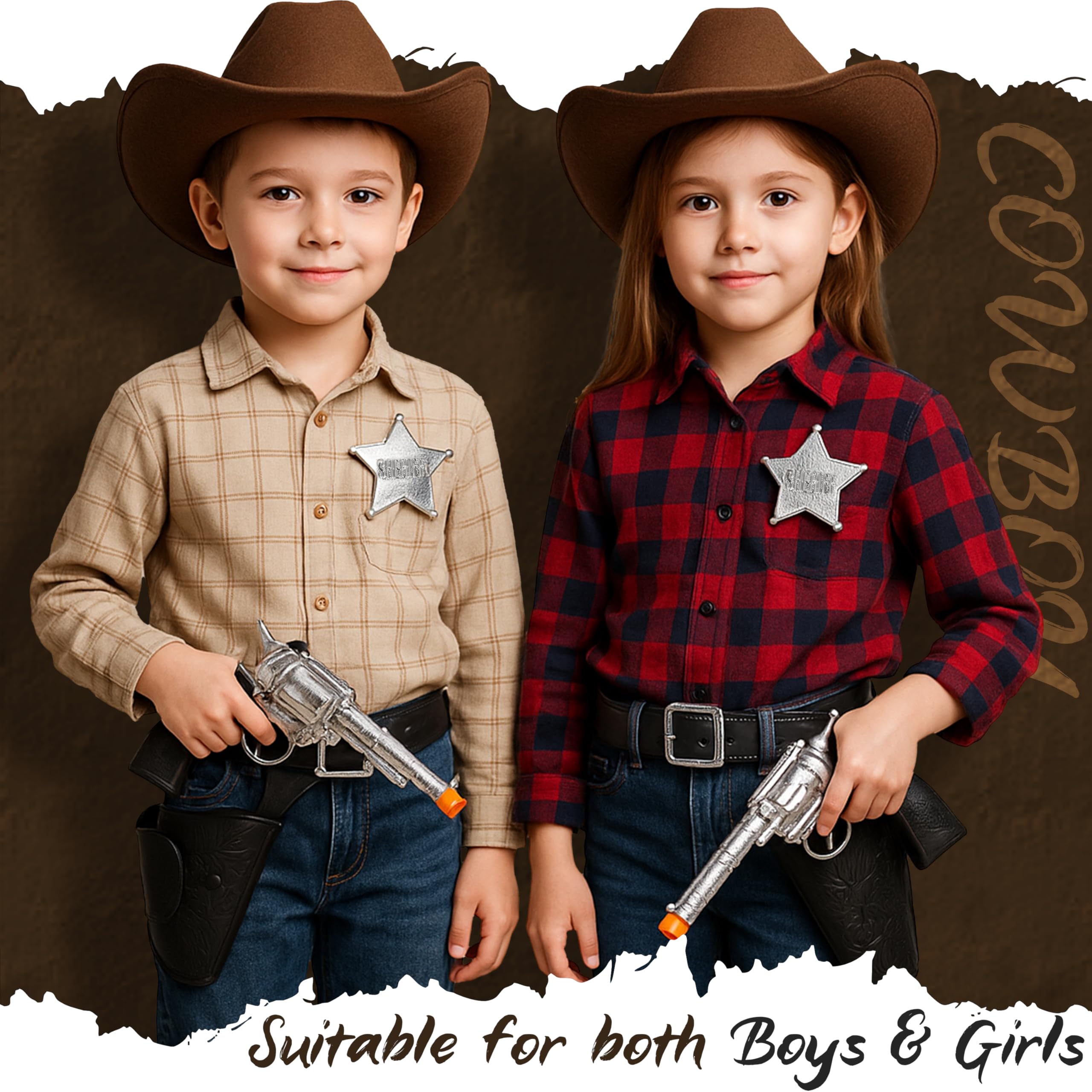 Western Wild West Cowboy Sheriff 7-Piece Accessory Set including 2x Toy Gun with Holster + Belt + Bullets + Badge - Image 3