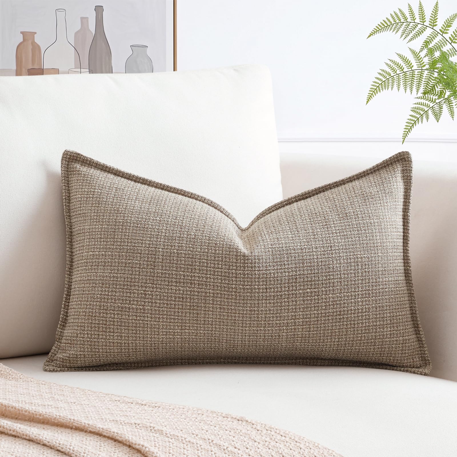 Artscope Pack of 1 Light Coffee Lumbar Cushion Cover 16x24 Inch Linen Texture Couch Throw Pillows Farmhouse Pillow Covers with Elegant Design for Sofa Bedroom Living Room Home Decor 40 x 60 CM
