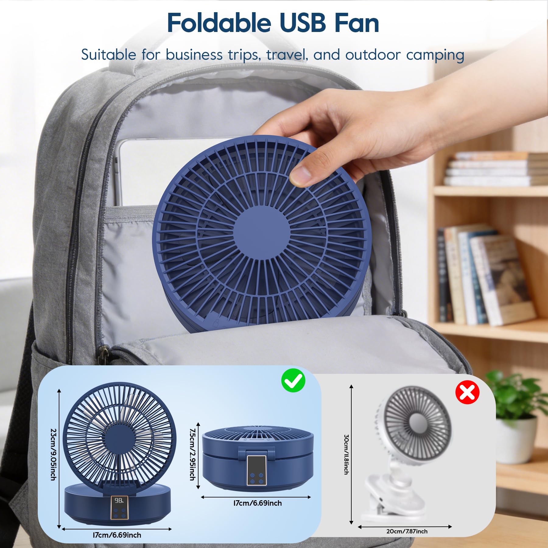 USB Ventilateur Silencieux 4000mAh 120°Rotative avec LED, Télécommande