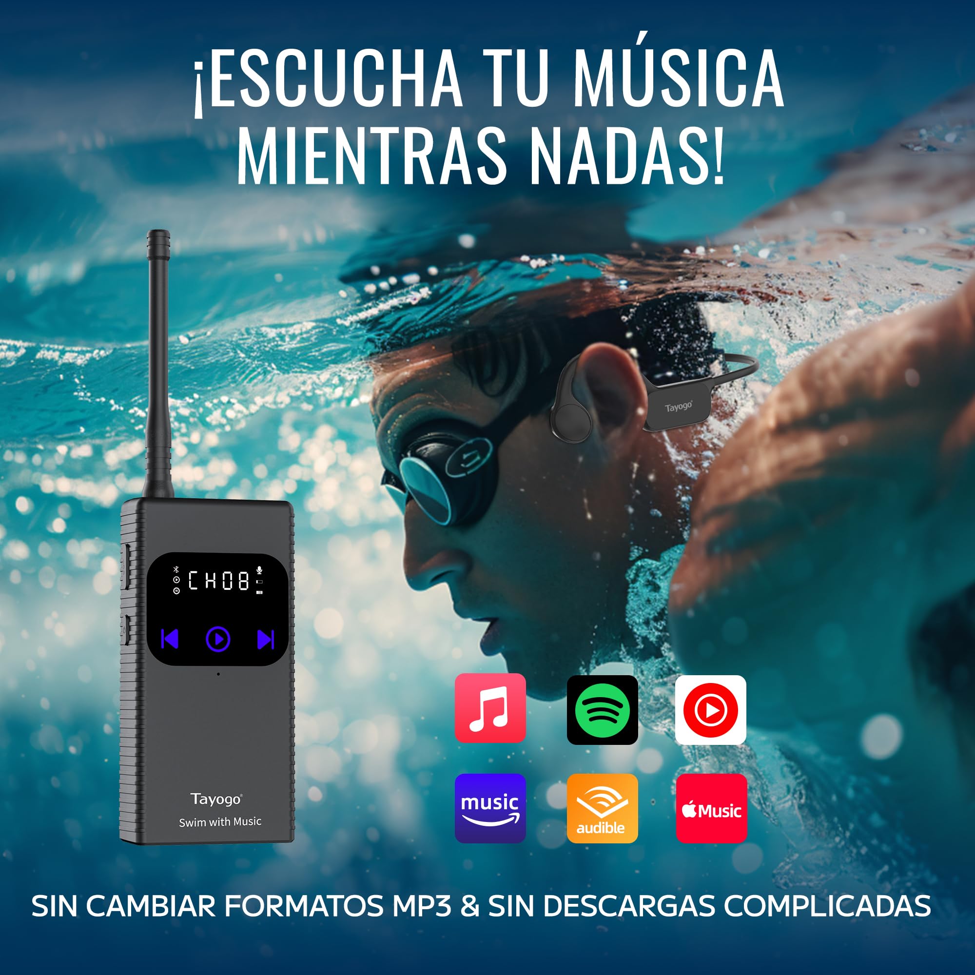 Tayogo Auriculares Natacion - Transmisor inalámbrico, Ideal para Spotify y Audible | Dispositivo de Comunicación para Entrenadores de Natación | Auriculares Conduccion Osea