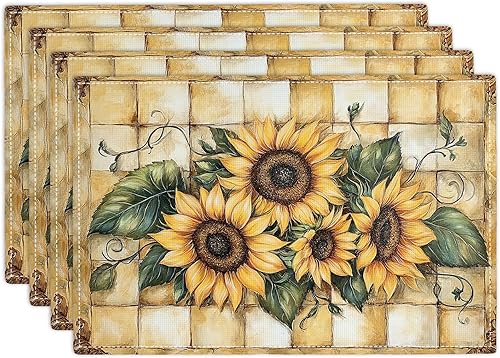 Miniatura 28 de Juego de 6 manteles individuales de flores amarillas de granja, manteles individuales rústicos florales, manteles individuales de primavera lavables