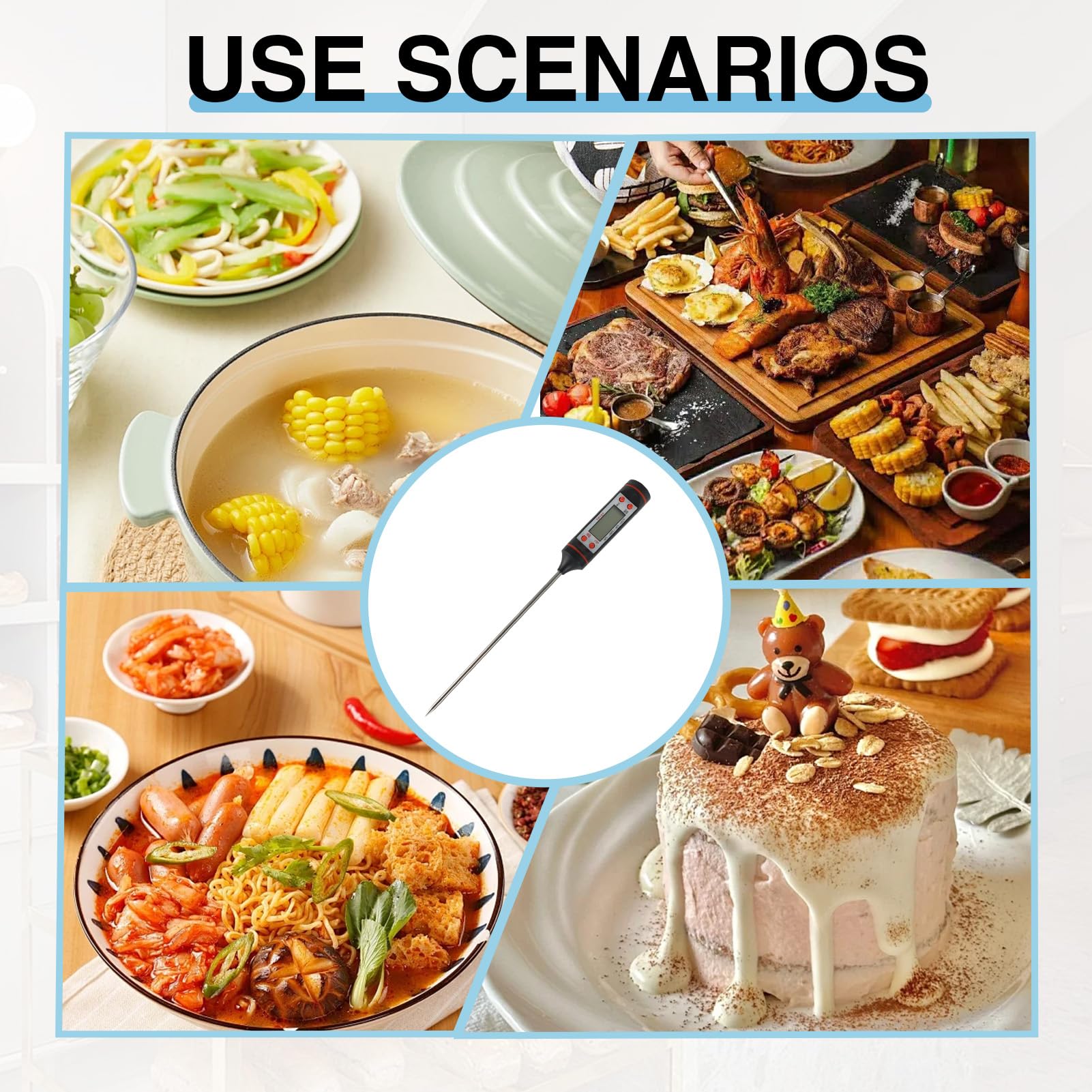 2 termómetros de cocina digital con sonda para barbacoa, carne, filete, pavo, vino y jalea, gran pantalla lcd, amplio rango de medición, apagado automático, entre - 50 ° C y + 300 °