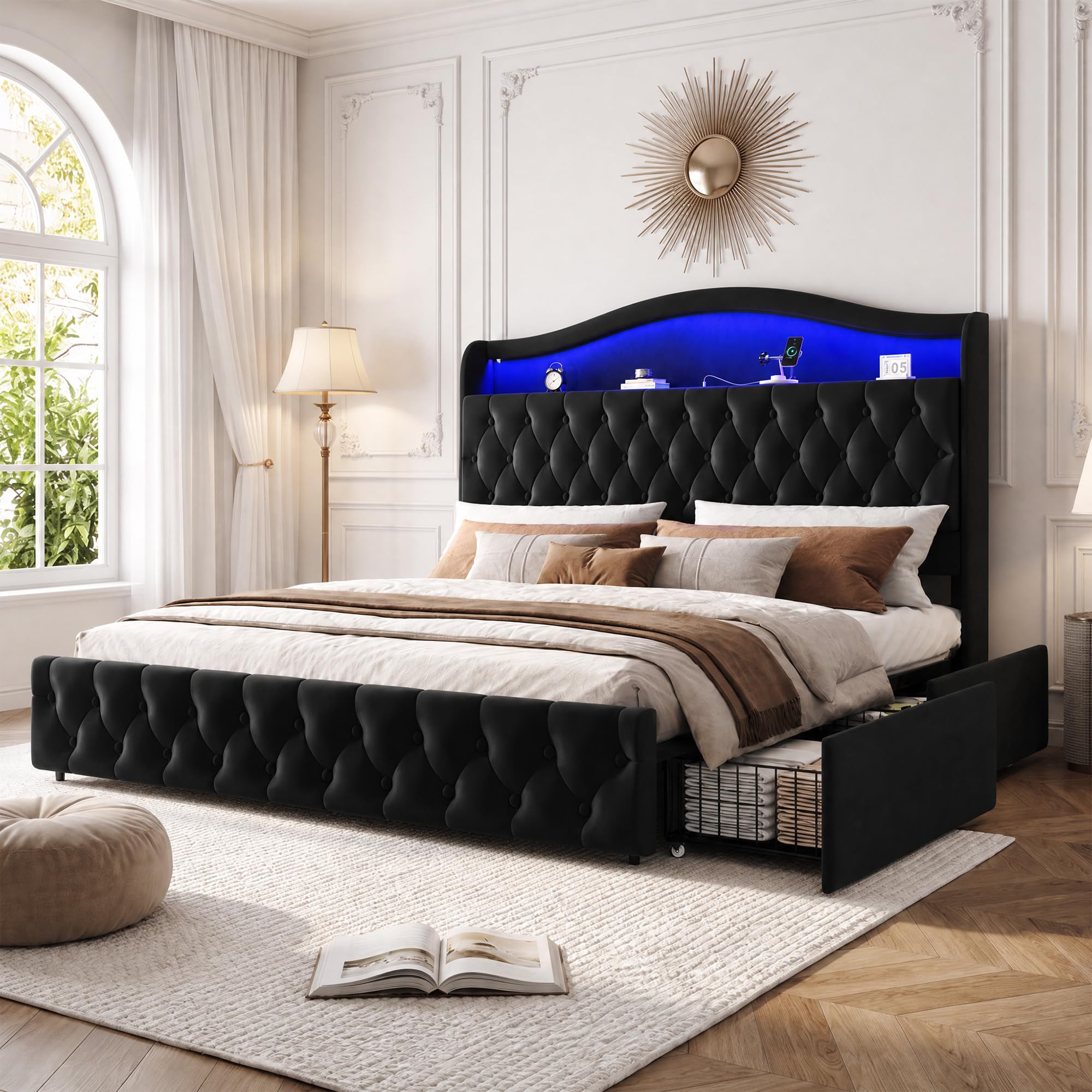 Belffin King Size Bed Frame with 4 Storage Drawers in Black